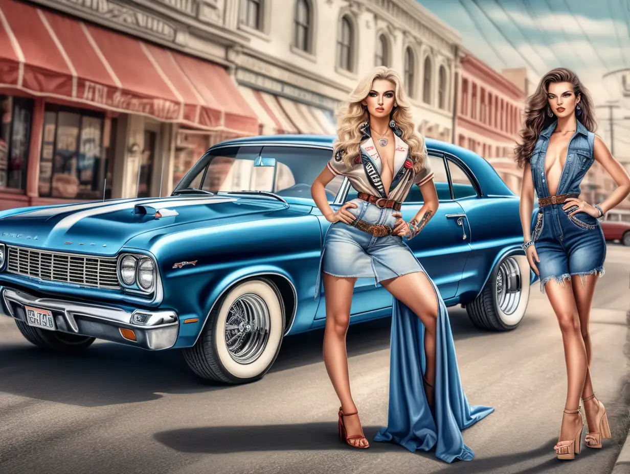 två sexiga hyperrealistiska fotomodeller kommer till stan med sin hot rod bil, illustration med hög kvalité, panoramabild, detaljrik skarp bild,