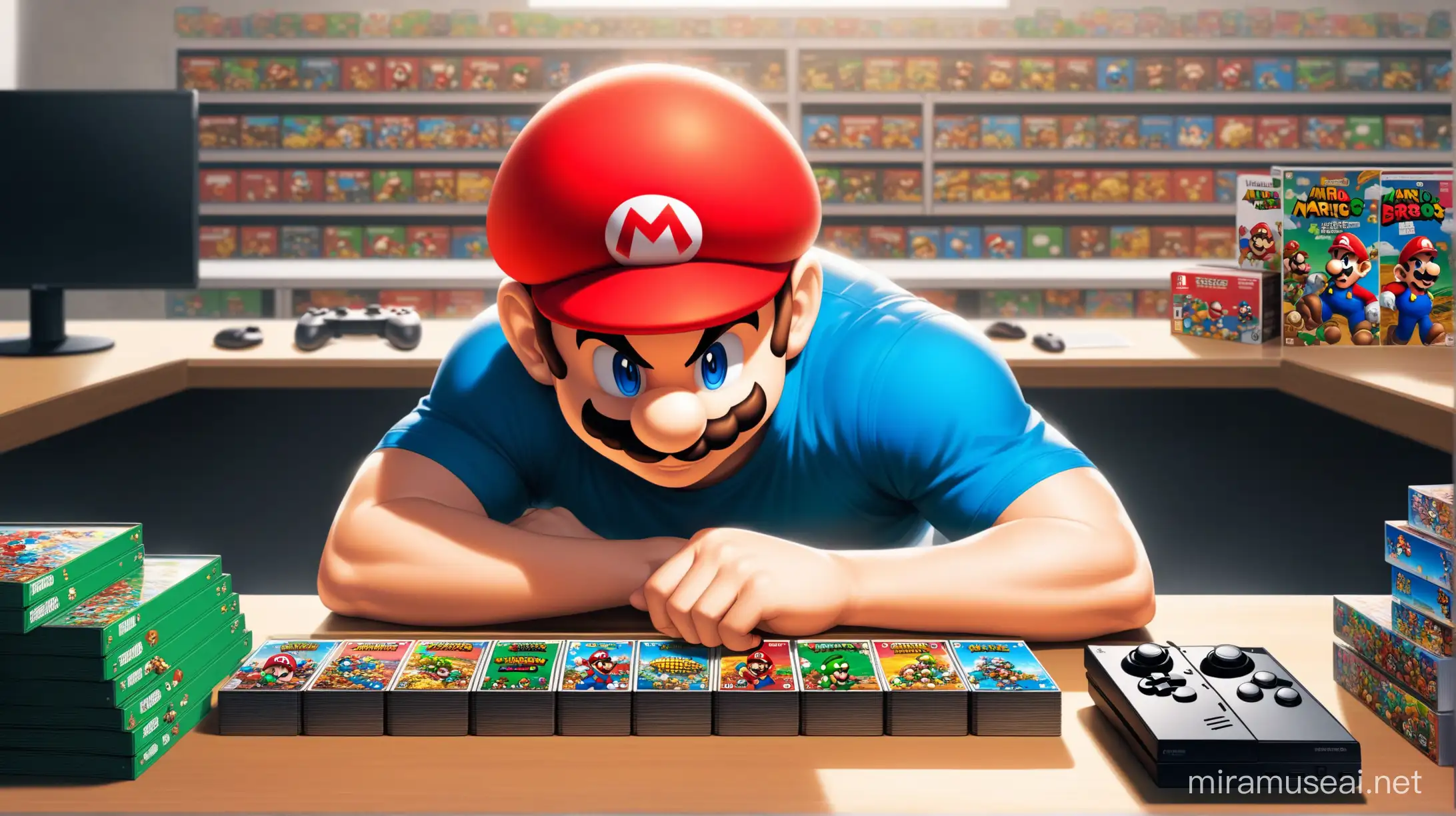 Mario Bros, assis à un bureau, en train de collectionner des jeux vidéo, l'air très concentré, avec une énorme collection de jeux vidéo derrière lui