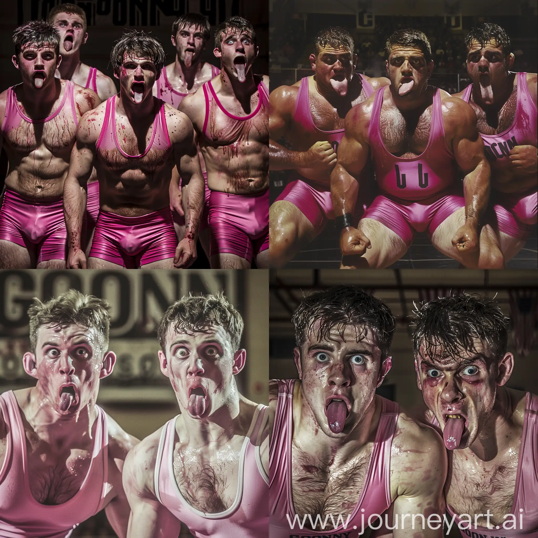 massively muscular college wrestlers. The picture is in color. They play for "goony u". Their eyes are vacant and their tounges are hanging out of their mouths. they are gooning. They have sweated through the pink singlets. 