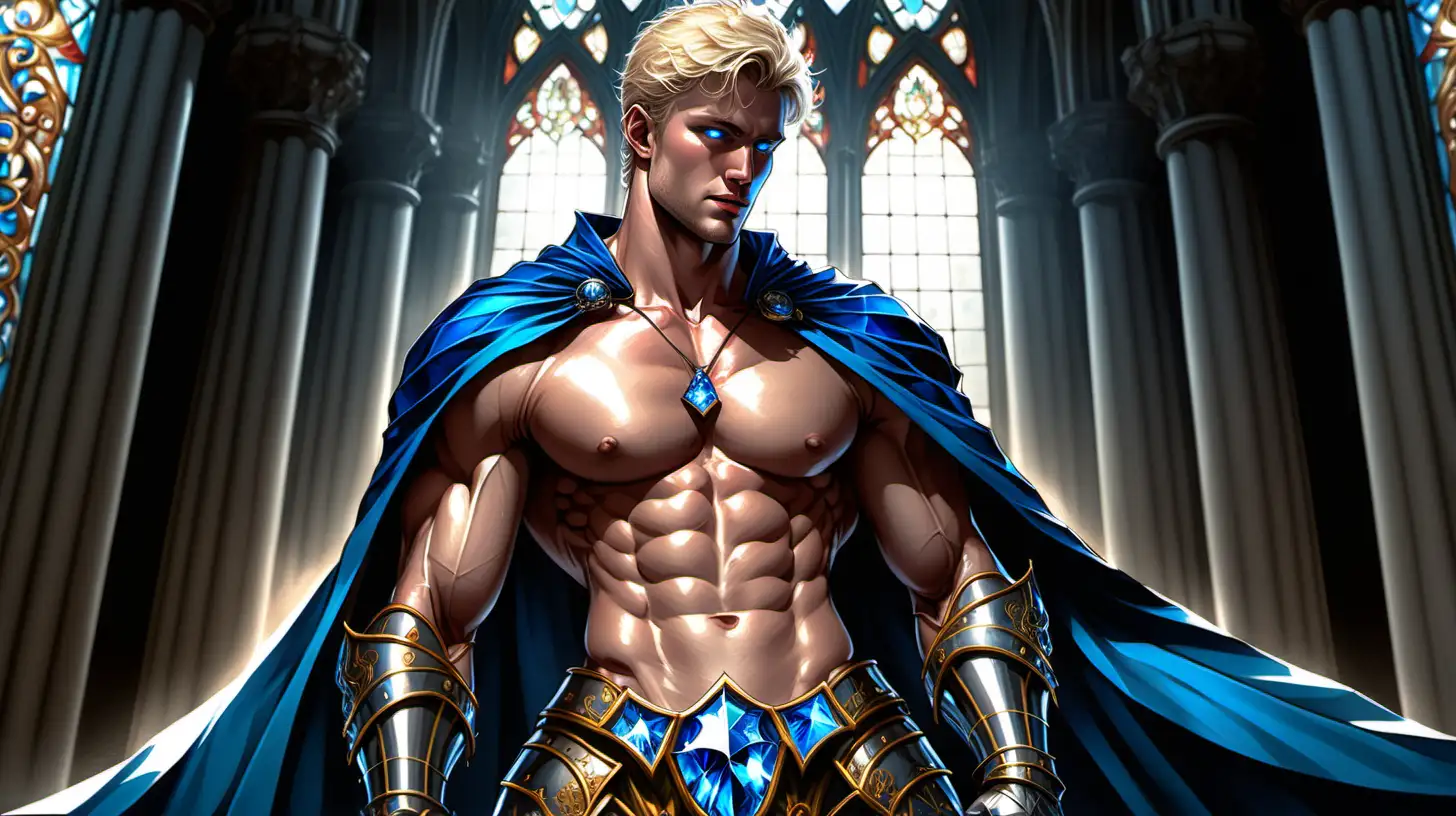 Sweaty Blonde Male Knight with Trident in Stained Glass Palace