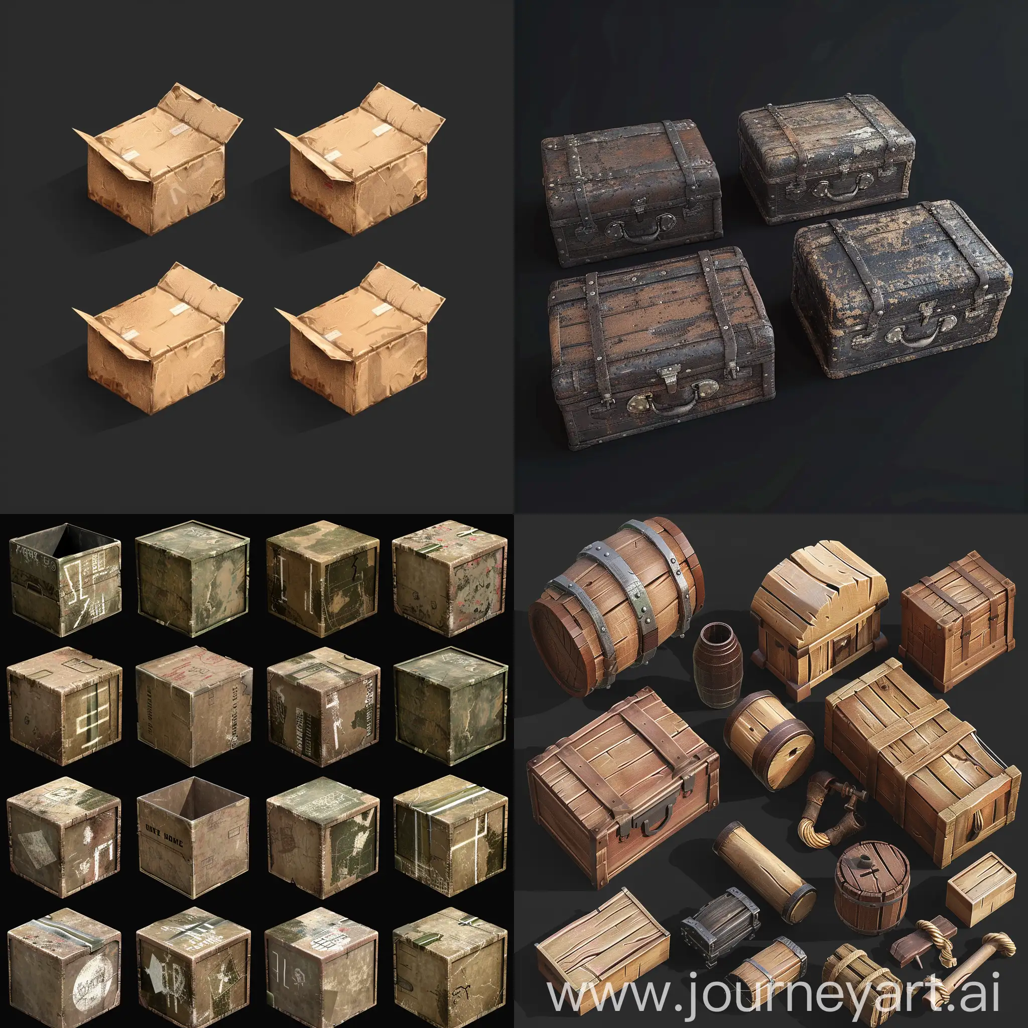 realistic photo of isometric set of old worn cardboard ammo boxes in style of made in blender 3d asset, isemetric set :: black background --chaos 20