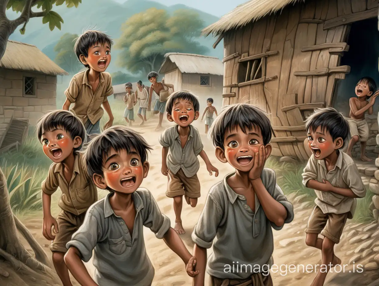 the villagers going about their daily tasks. Upon hearing the boy's cry, they drop everything and rush to help, fear etched on their faces. They reach the boy,  The boy giggles mischievously.