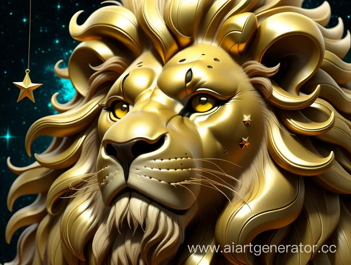 Лев, грива, золотой,знак зодиака,звезды,блики,фэнтези,реалистичность, высокая детализация, 