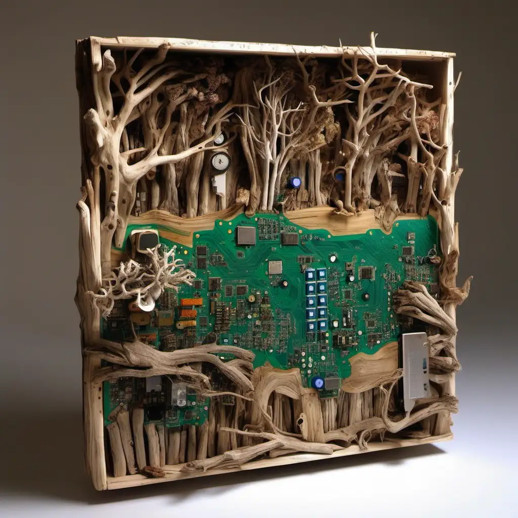 land scape made  από driftwood και pc  circuit boards avd other recycle plastic materials 