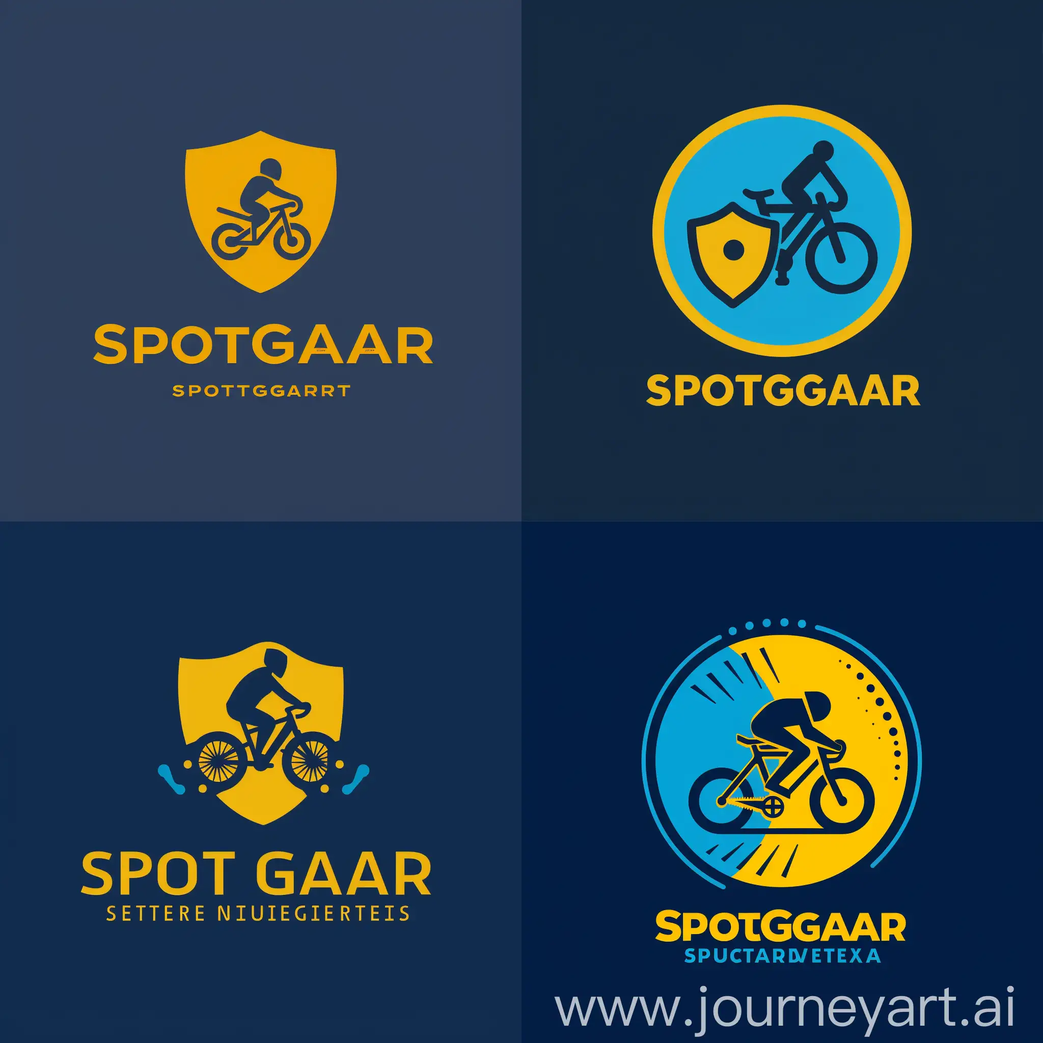 Entwickle ein Logo für eine fiktive Marke namens "SpotGuard", die innovative Lösungen zur Warnung vor toten Winkeln für Fahrräder und Motorräder bietet. Das Logo sollte die Werte der Marke - Sicherheit, Innovation, Vertrauen und Zugänglichkeit - widerspiegeln. Die visuelle Identität soll professionell, modern und ansprechend sein, um das Vertrauen der Zielgruppe zu stärken. Berücksichtige bei der Gestaltung des Logos Elemente wie ein Symbol, das einen Radfahrer oder Motorradfahrer mit einem Schutzschild darstellt, sowie klare und gut lesbare Typografie. Das Farbschema sollte tiefe Blautöne für Vertrauen und Professionalität sowie ein helles Gelb für Warnung und Sichtbarkeit auf der Straße umfassen. Das Logo sollte vielseitig einsetzbar sein und sowohl auf gedruckten Materialien als auch digitalen Plattformen gut funktionieren.