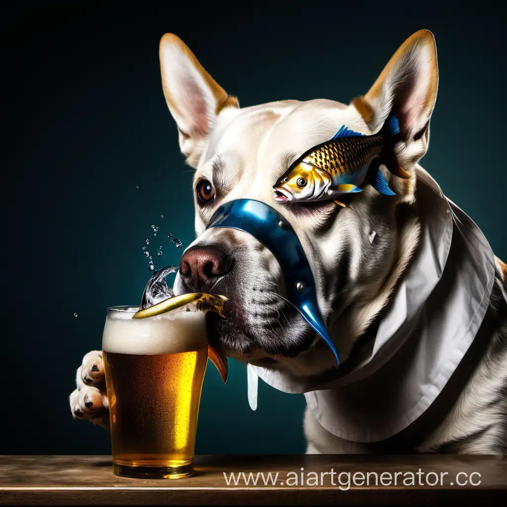 A dog with fish's head drinks beer