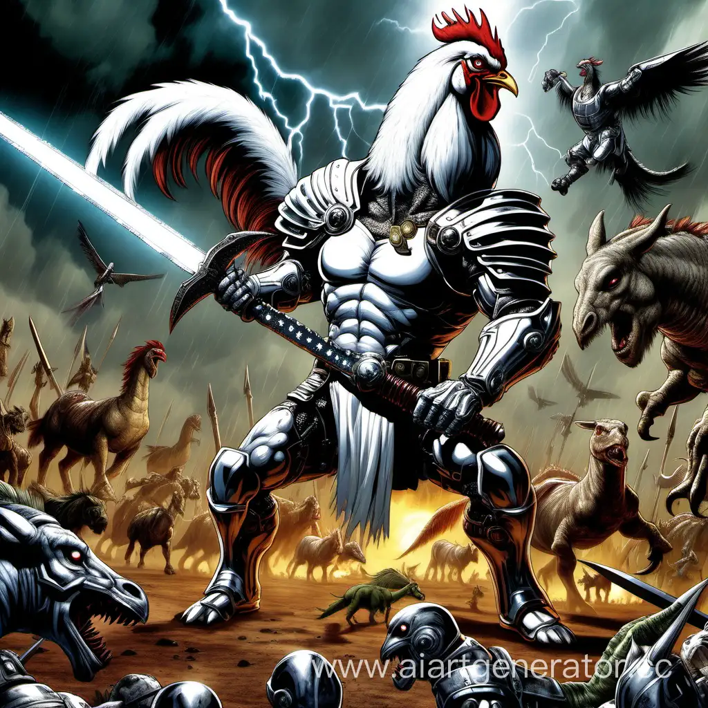 Epic-Battle-White-Rooster-in-Terminator-Armor-vs-Dinosaurs-with-Lightning-Sword