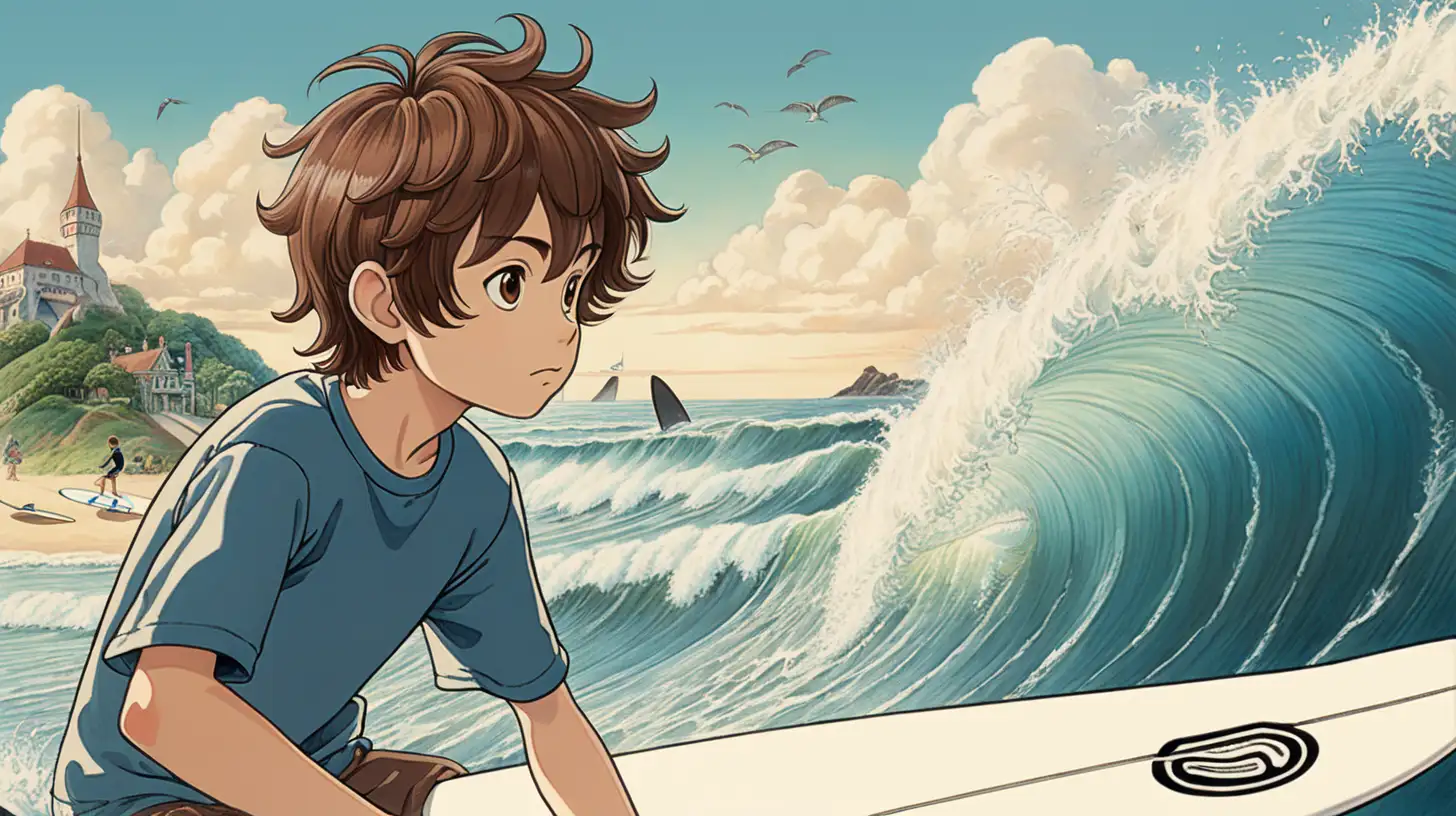 a boy with brown hair, beauiful illustration of fantasy, wonderland, surfing, ocean, soothing, dark, dreaming, music, amazing detailed game poster, Hayao Miyazaki --ar3:2 --niji 5