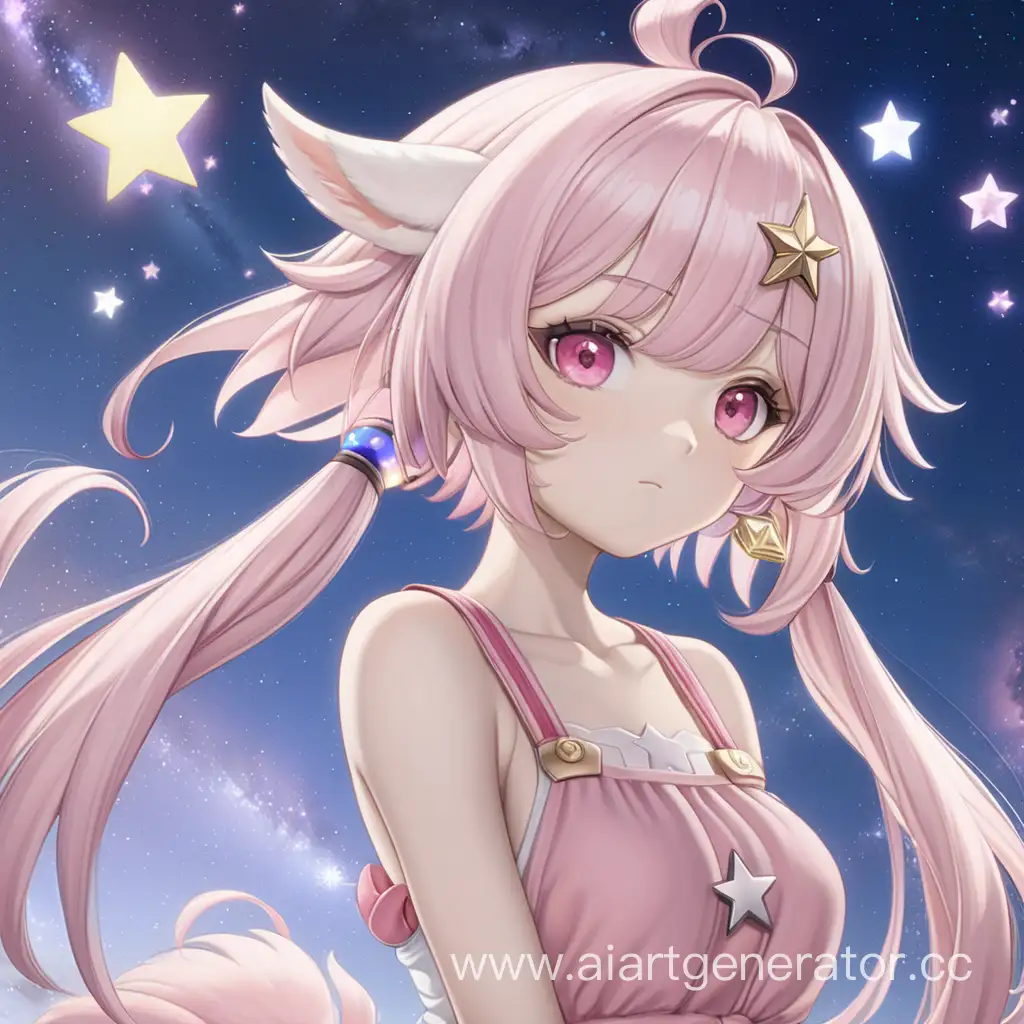A romantic, Nahida Genshin impact, Large pink eyes with a star and glare, small height, white hair with pink tips, hair collected in a tail on the side of the head, on the hair in the form of stars, on the body a pink sundress, at the back and short arms