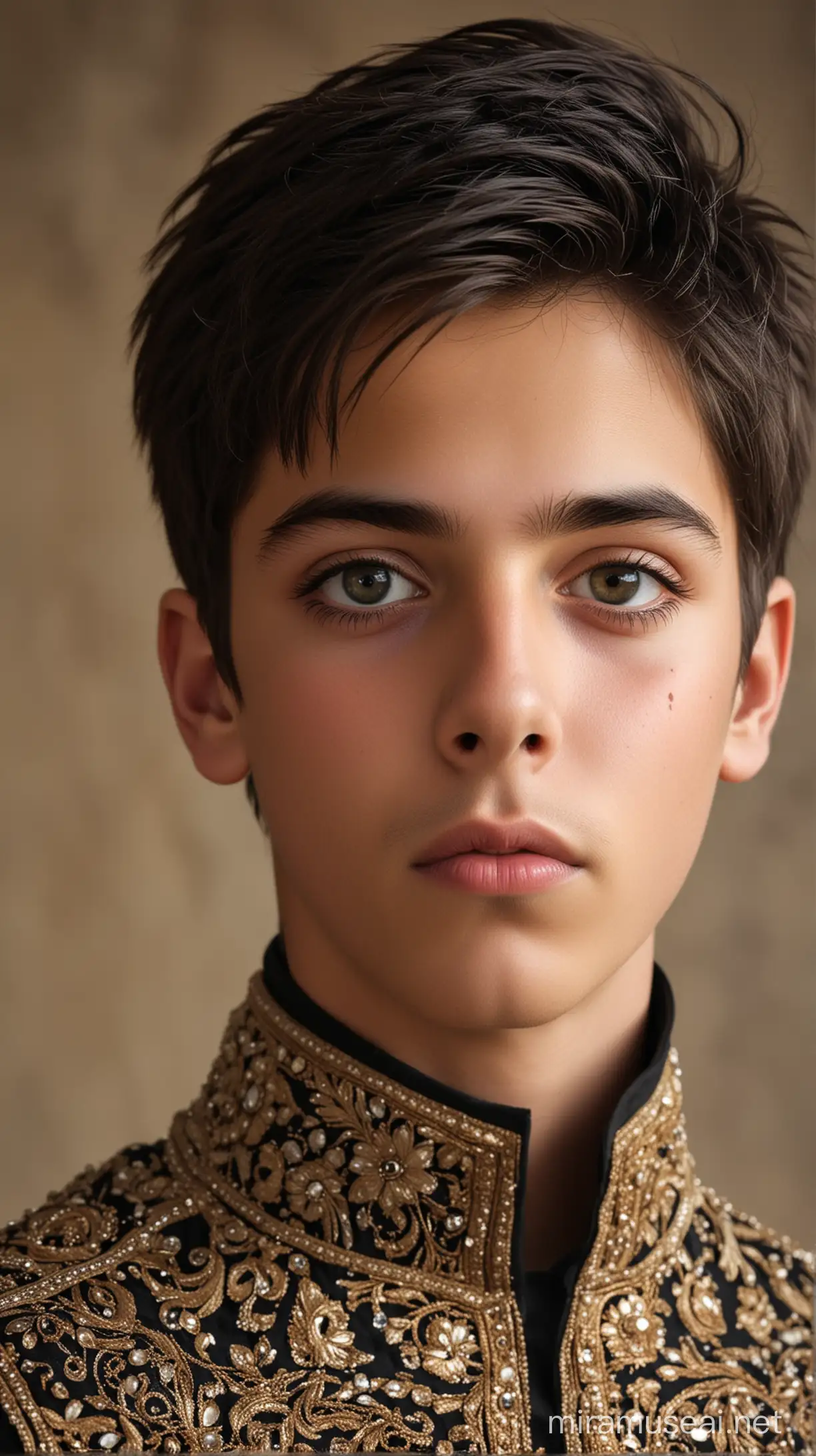 A 13 year old white boy with big eyes, small lips, straight nose, strong jawline and long black straight side burned hair wearing a Indian groom outfit