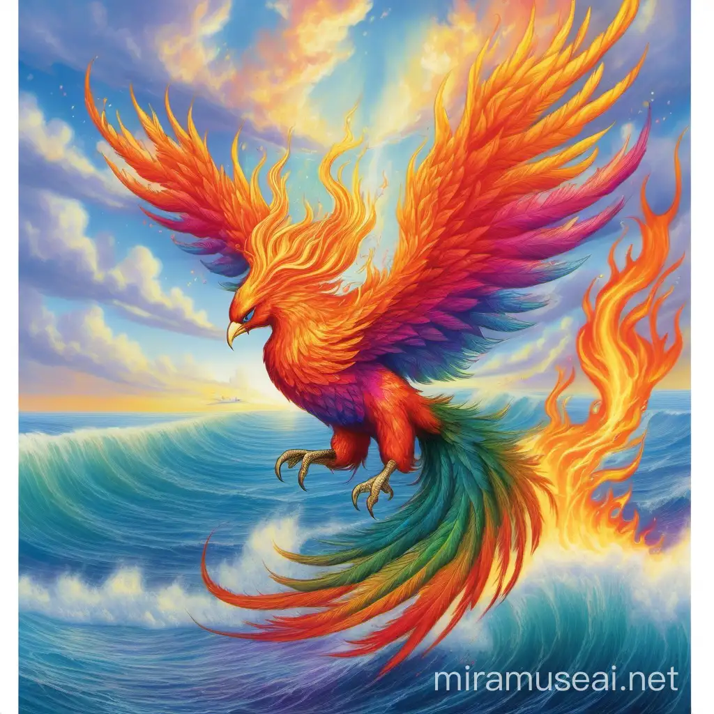 Fiery Rainbow Phoenix Emerges from Ocean Depths