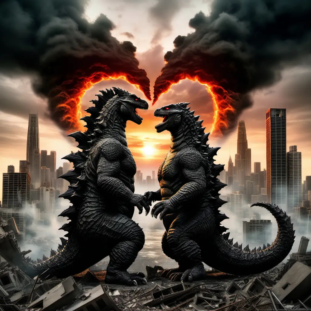 Romantic Godzillas Amidst Ruined City at Sunset