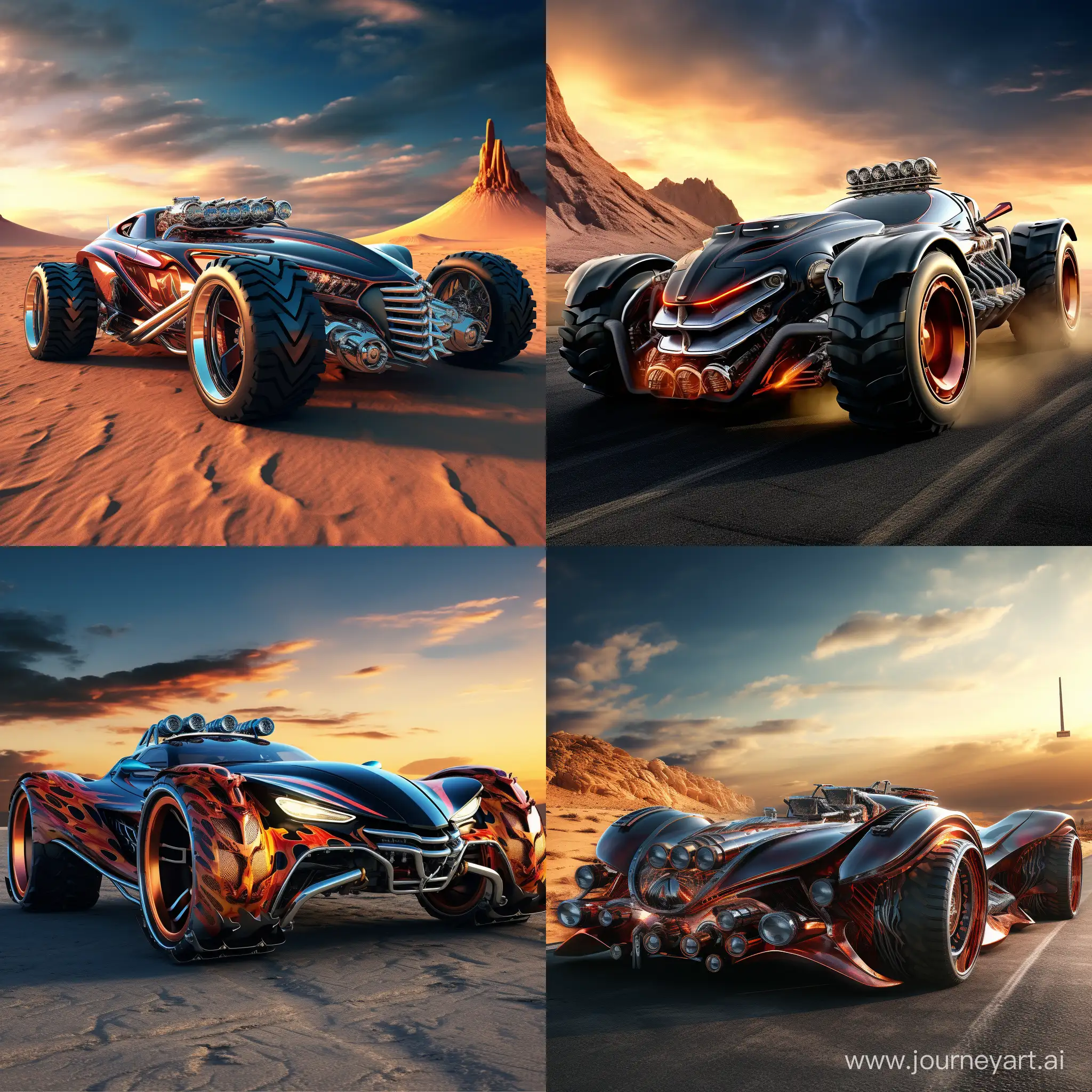 An extreme sports car. It has an elaborate custom, fire, chrome, and black auto design. A horned devil is pushing the car. The engine is oversized, and has a chrome, overhead air breather, extruding from the front hood. The suspension is supported by monster truck tires with chrome rims. The road and the vehicle are on fire.