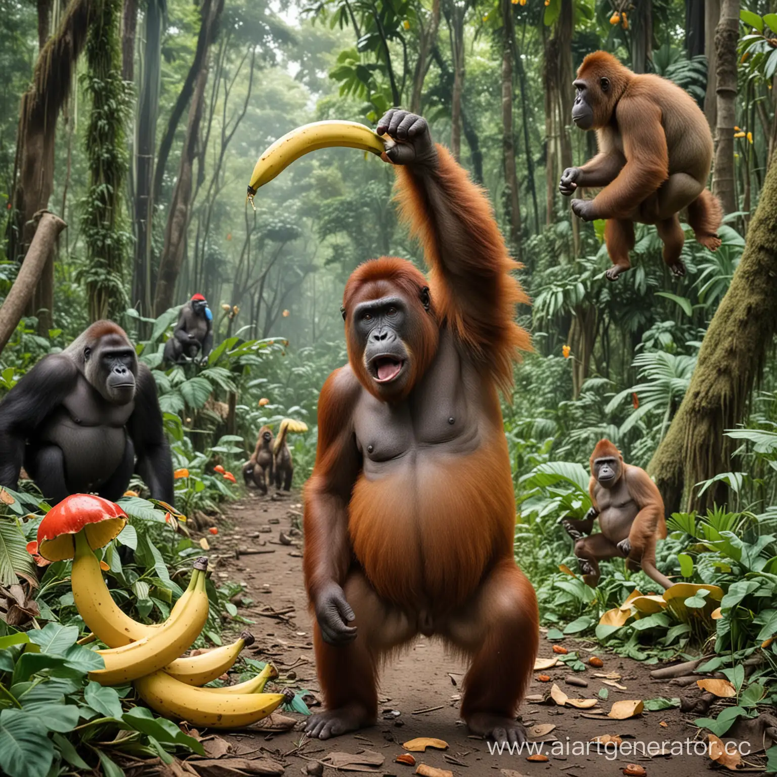 Орангутанг кричит на Гориллу из за большого банана. Бананы бегают во все стороны. У макак на голове синие кепки с надписью ANAL. На деревьях расут красные грибы. Пиздец