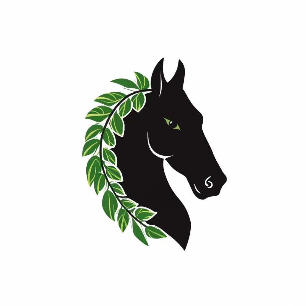 LOGO-Design-For-DeepHerbs-Majestic-Black-Horse-Head-with-Green-Leaf-Mane