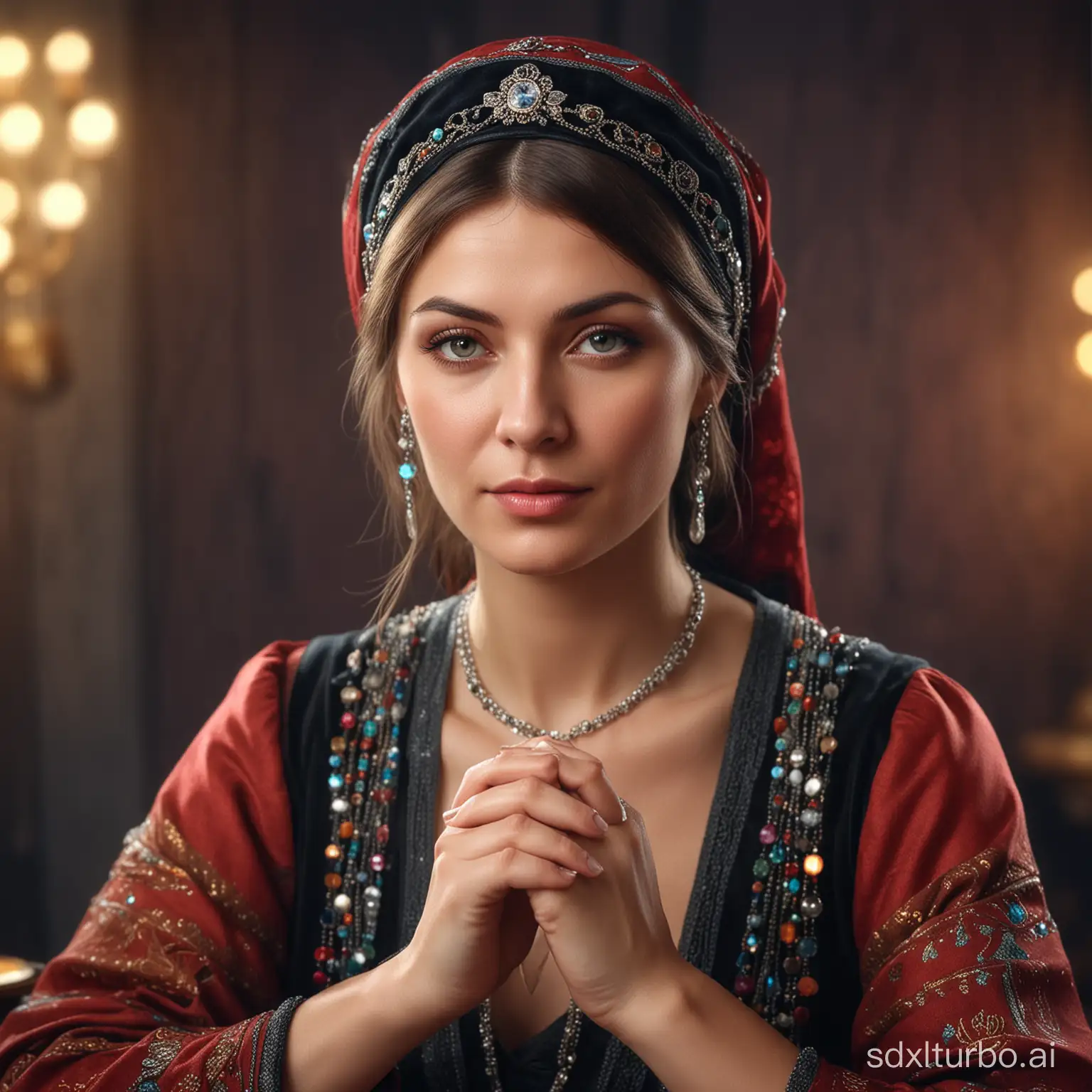 A portrait of a Russian fortune-teller woman. Photorealistic, portrait, 1:1, bokeh, details, ultra high quality, no fingers