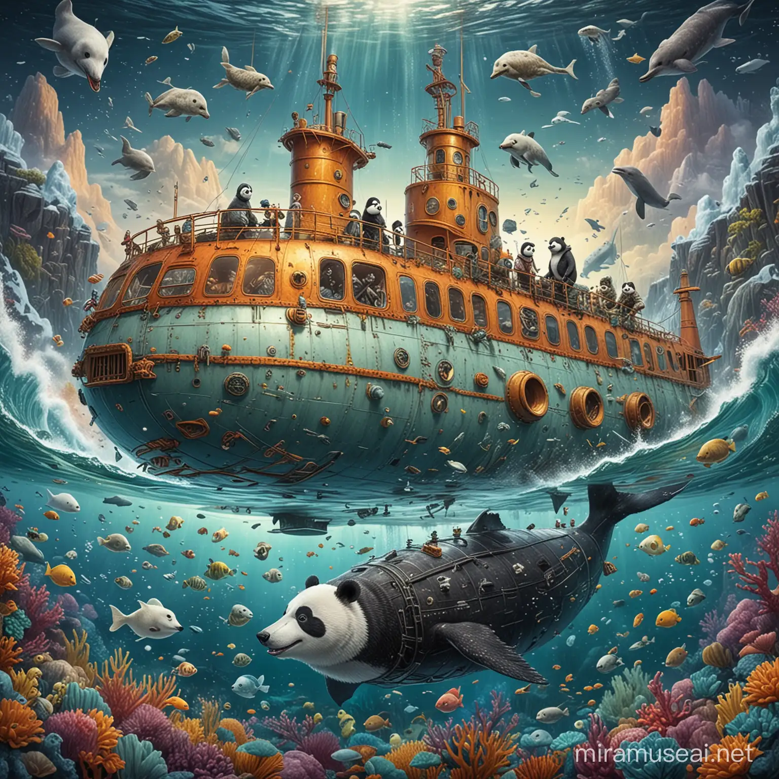 A whimsical and imaginative rendering of a penguin, duck, polar bear, and panda exploring the ocean in a fantastical submarine, complete with intricate details and vibrant colors.