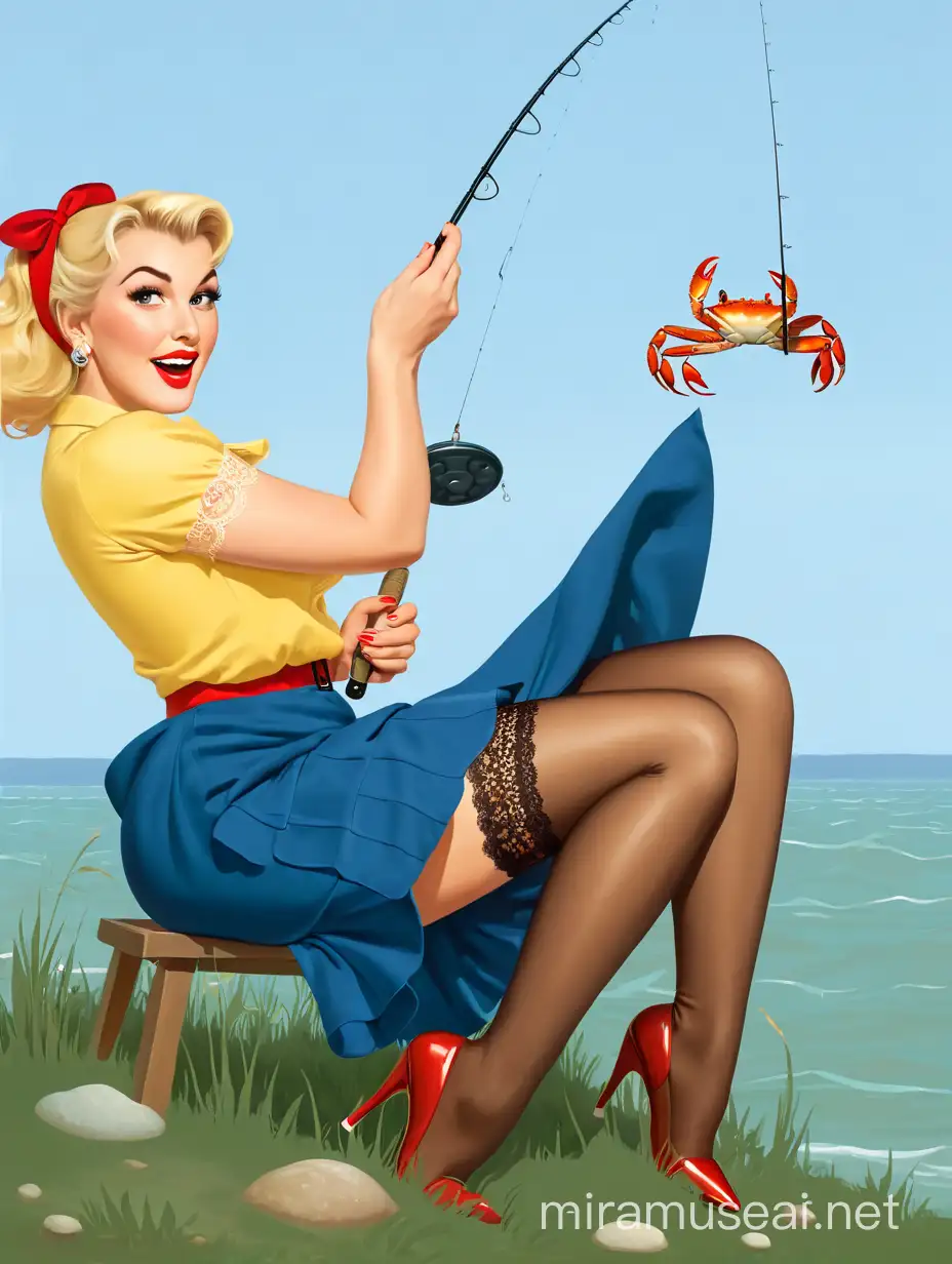 Caucasian 30 years old pinup girl fishing, caught crab, sitting on shore grass, sea in the background, Lace Knee Sock on legs, looking straight to camera, surprise expression