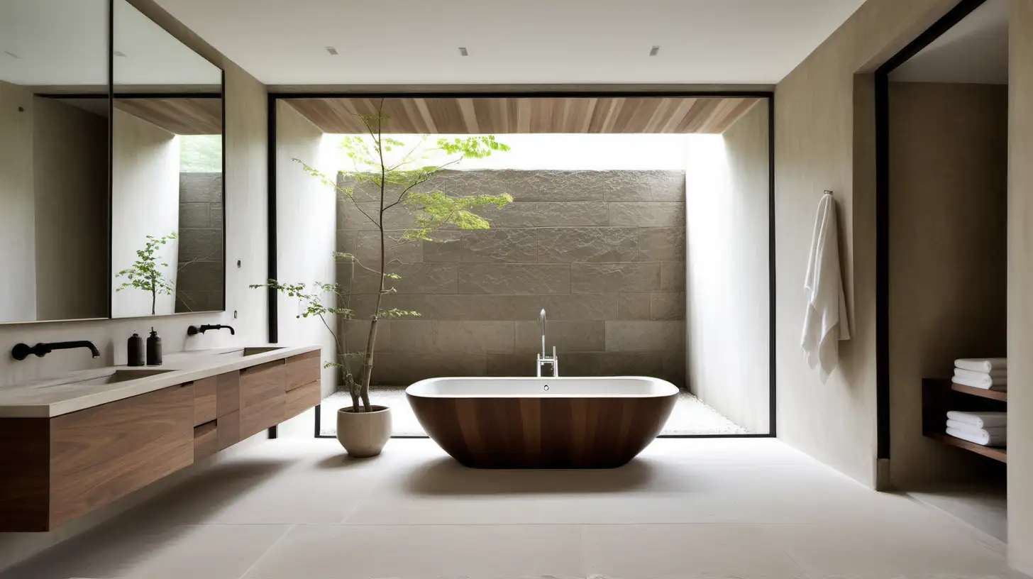 Minimalist Organic Japandi Large Bathroom with Walnut Wood and Bauwerk Limewash Paint