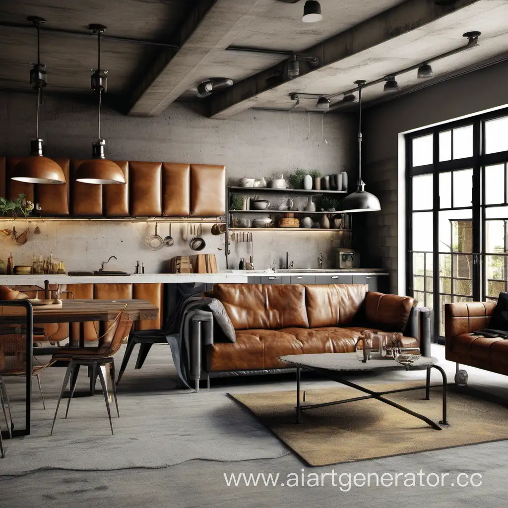 кухня с гостиной в индустриальном стиле с кожаным диваном
