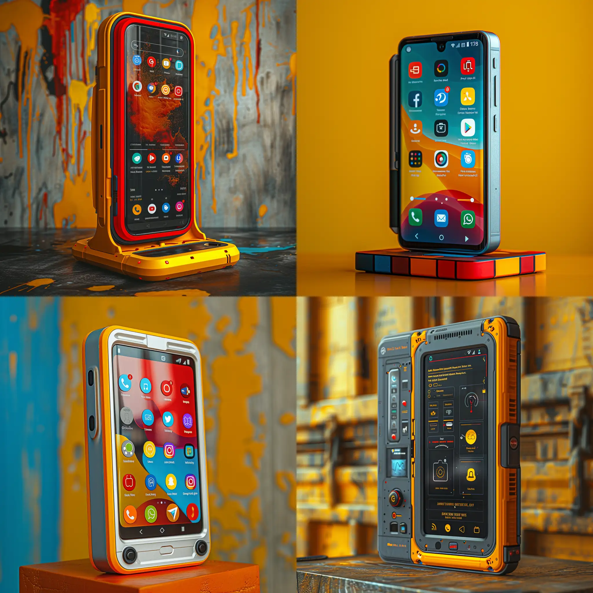 Social Media Marketing Image of a sleek, modern flip smartphone displayed against a vibrant background, with bold text overlay highlighting its features. The phone's high-resolution screen showcases stunning visuals, while the ergonomic design exudes sophistication. Uses a high durability casing military standard. Bright icons emphasize key specifications, inviting viewers to explore further. Displayed on a artsy stand --s 1000





