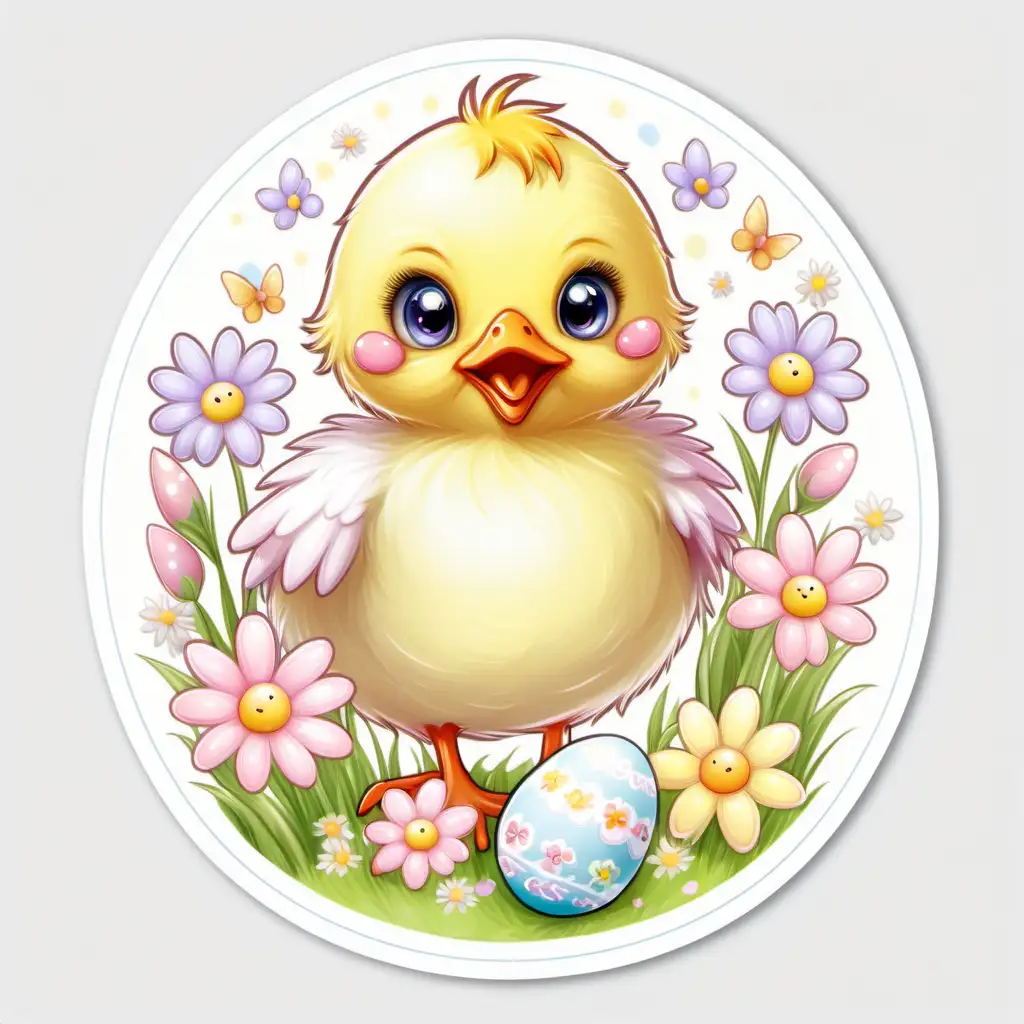 Whimsical Easter Chick Cartoon on a White Background with Spring Flowers