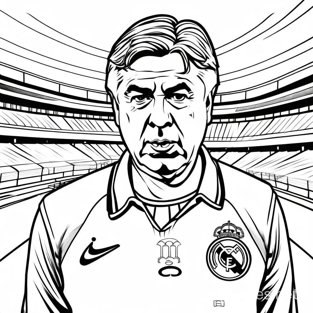 Carlo Ancelotti Cavaliere OMRI Ufficiale OSI (born 10 June 1959) is an Italian professional football manager and former player who is the manager of Real Madrid.. coloring page, Coloring Page, black and white, line art, white background, Simplicity, Ample White Space. The background of the coloring page is plain white to make it easy for young children to color within the lines. The outlines of all the subjects are easy to distinguish, making it simple for kids to color without too much difficulty