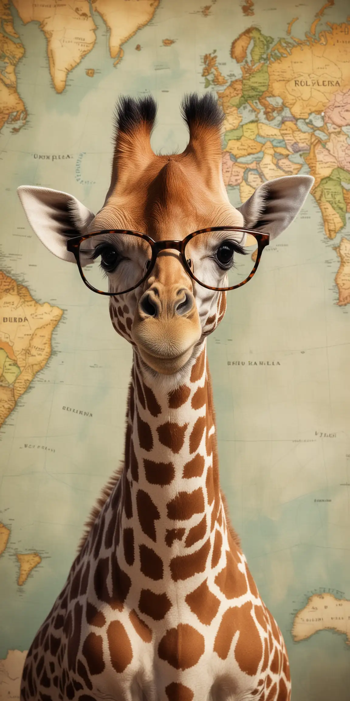Adorable Baby Giraffe Wearing Glasses Explores a World Map
