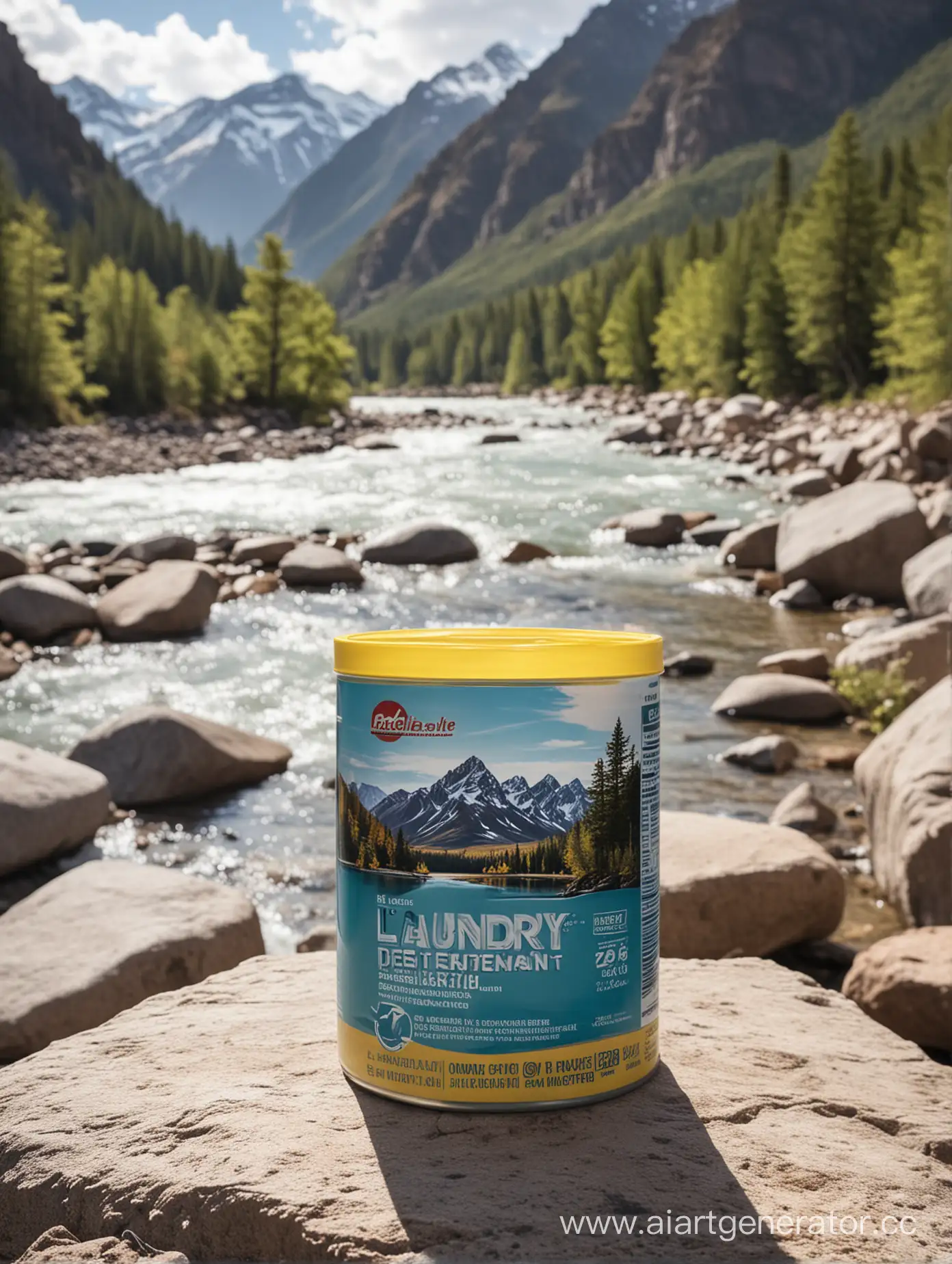 Laundry-Detergent-Canister-on-Mountainous-Riverbank