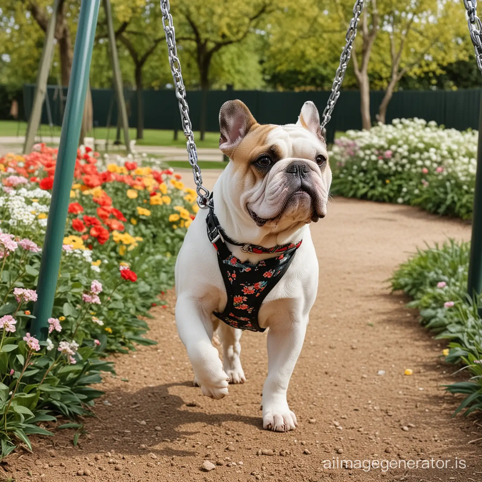 Bulldog on a lead passing through a swing park with flowers