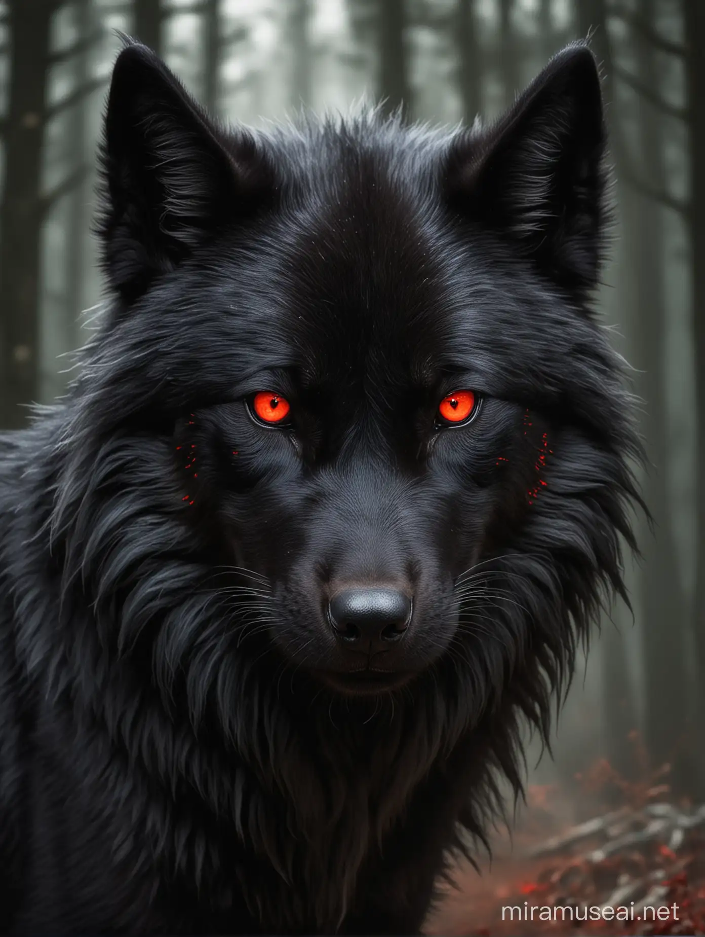 Lobo peludo negro de ojos rojos 
