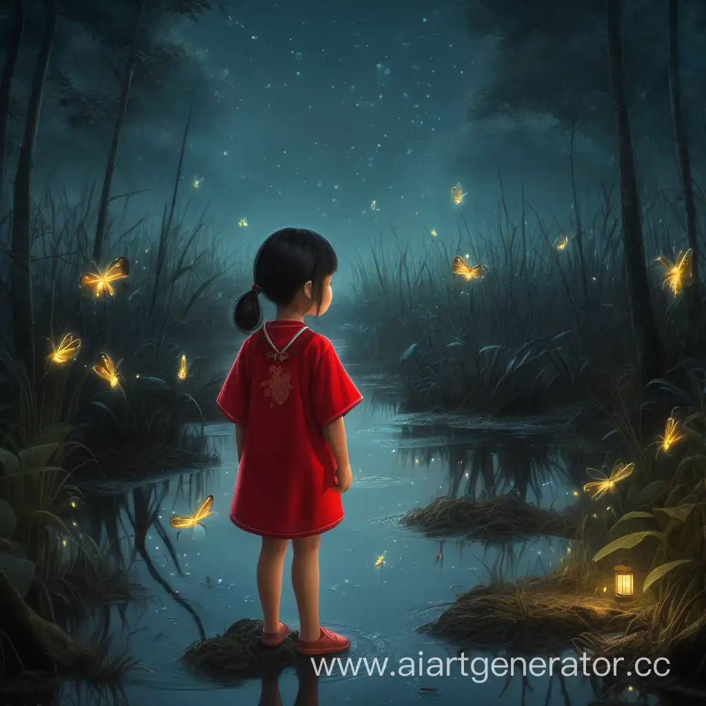 Китайская девочка 5 лет в красной одежде  стоит спиной тёмных на болотах вокруг нее парят светлячки
