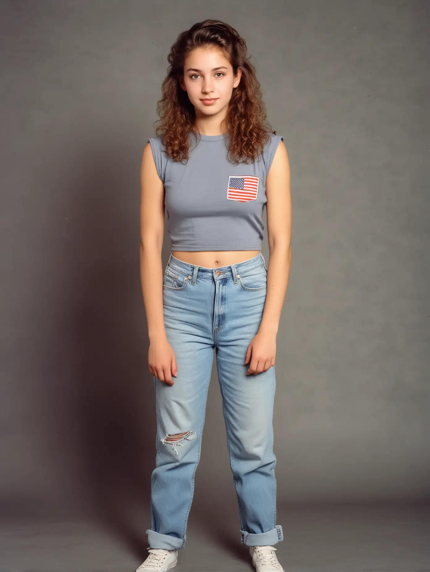 A girl, an old photo from the 80s and 90s in the United States, facing the camera, 24 years old, full body photo,