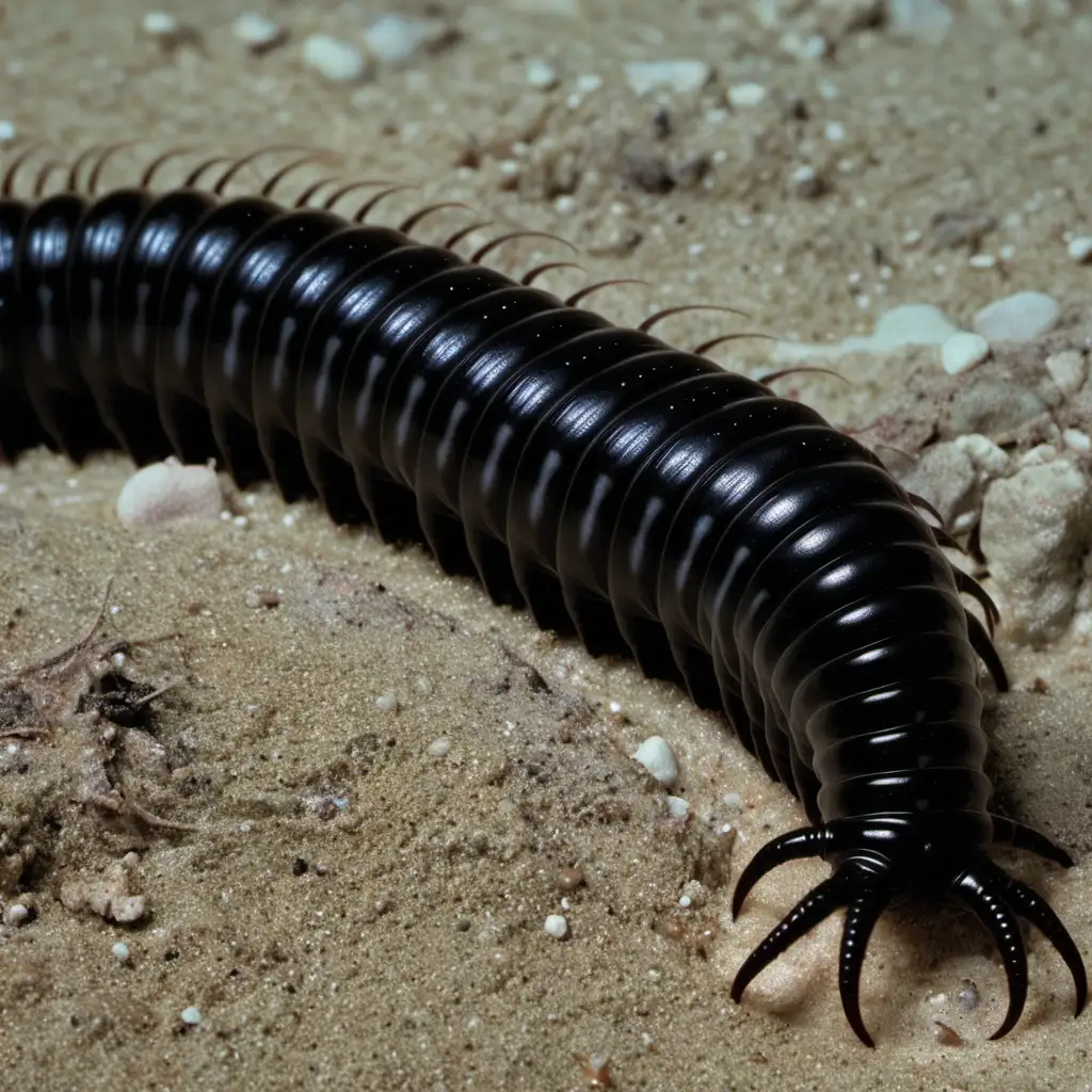 Full colour image. A writhing twelve inch long, black millipede. It is about two inches thick. Thick slime coats its body. It has no eyes. Its mouth opens up in a gaping circle to rows of razor sharp teeth. A few very small thin tentacles protrude down the entire length of its body. It crawls over sand.