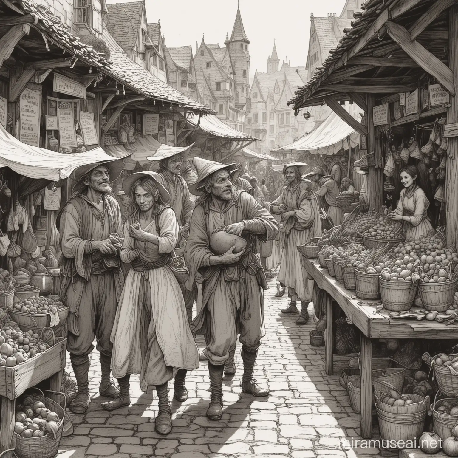 simple line art of Goblin Market Bustle: Depict a goblin market with four goblin trading and bartering in a lively market with stalls 