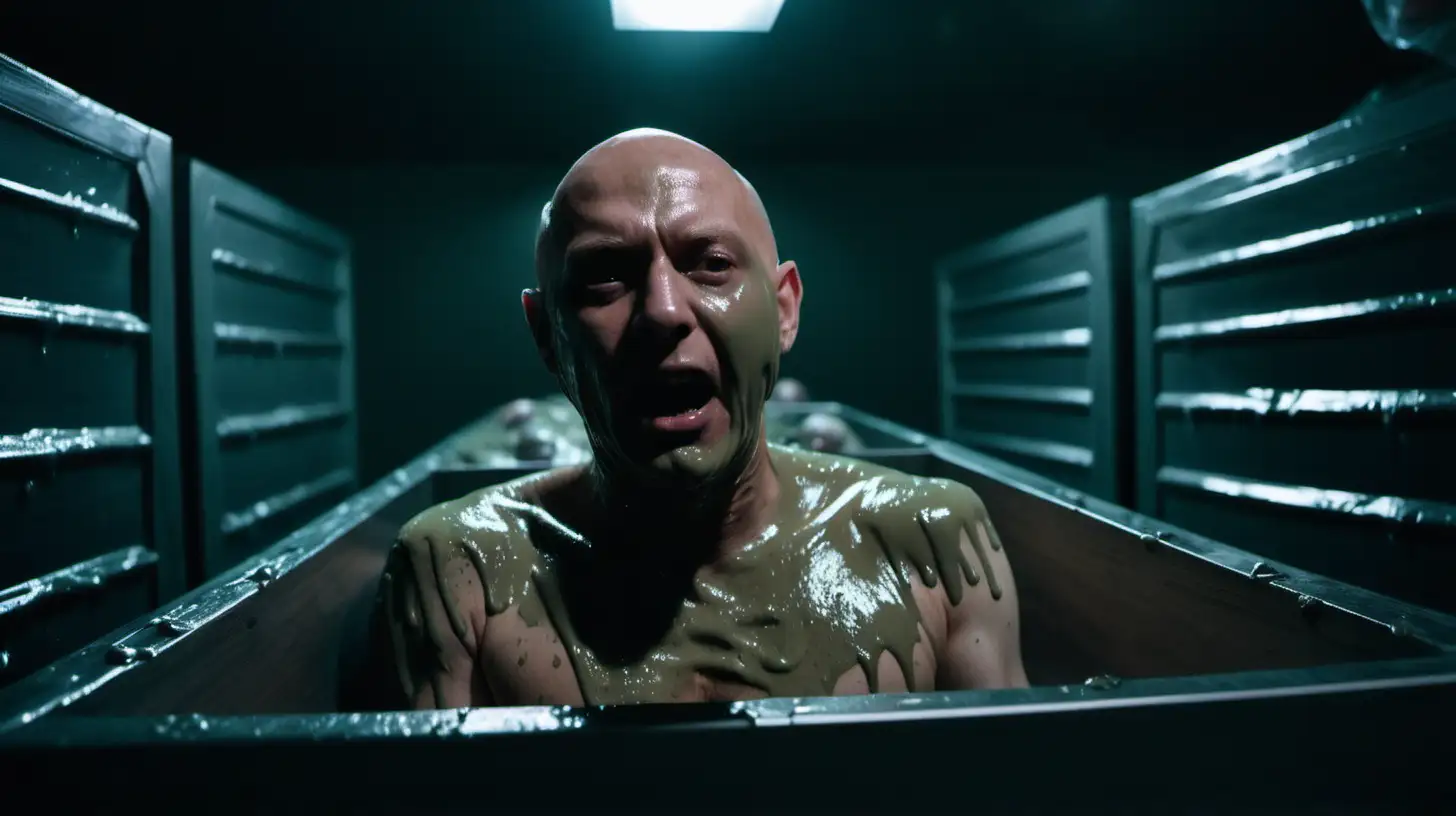 Scared Bald Man Awakens in GooFilled Coffin in Dark Lab with Cryo Chambers