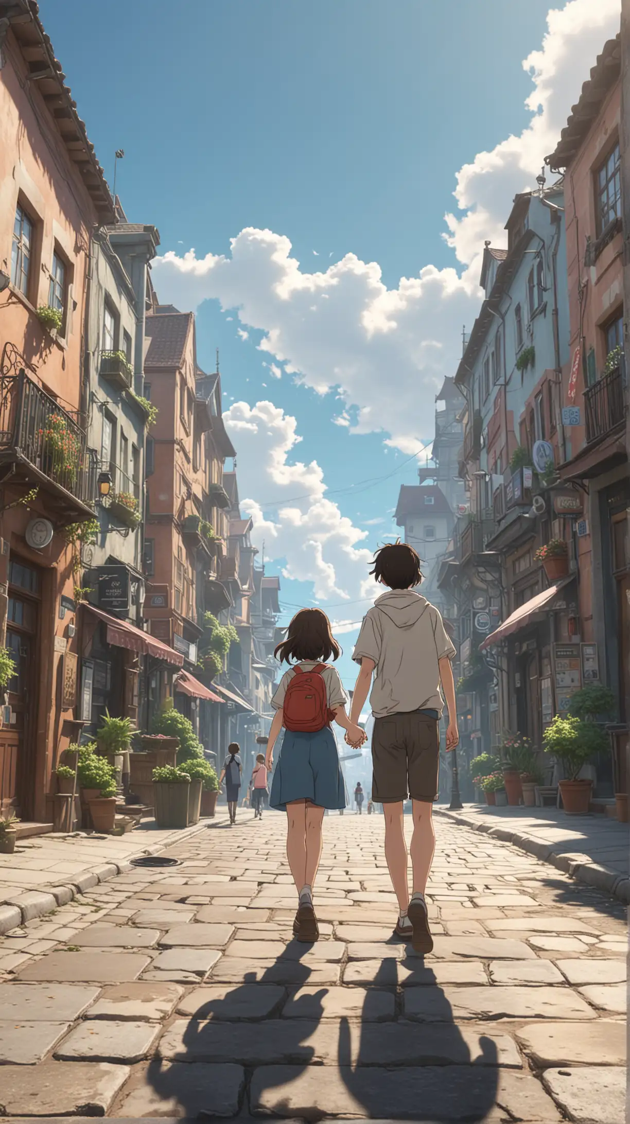 view from distance a girl and boy anime holdhing hands walking on the air on the town in victoria time, neighbourhood situation under, anime ghibli studio style, ultra detailed, V6, best illustration, 8k render, 