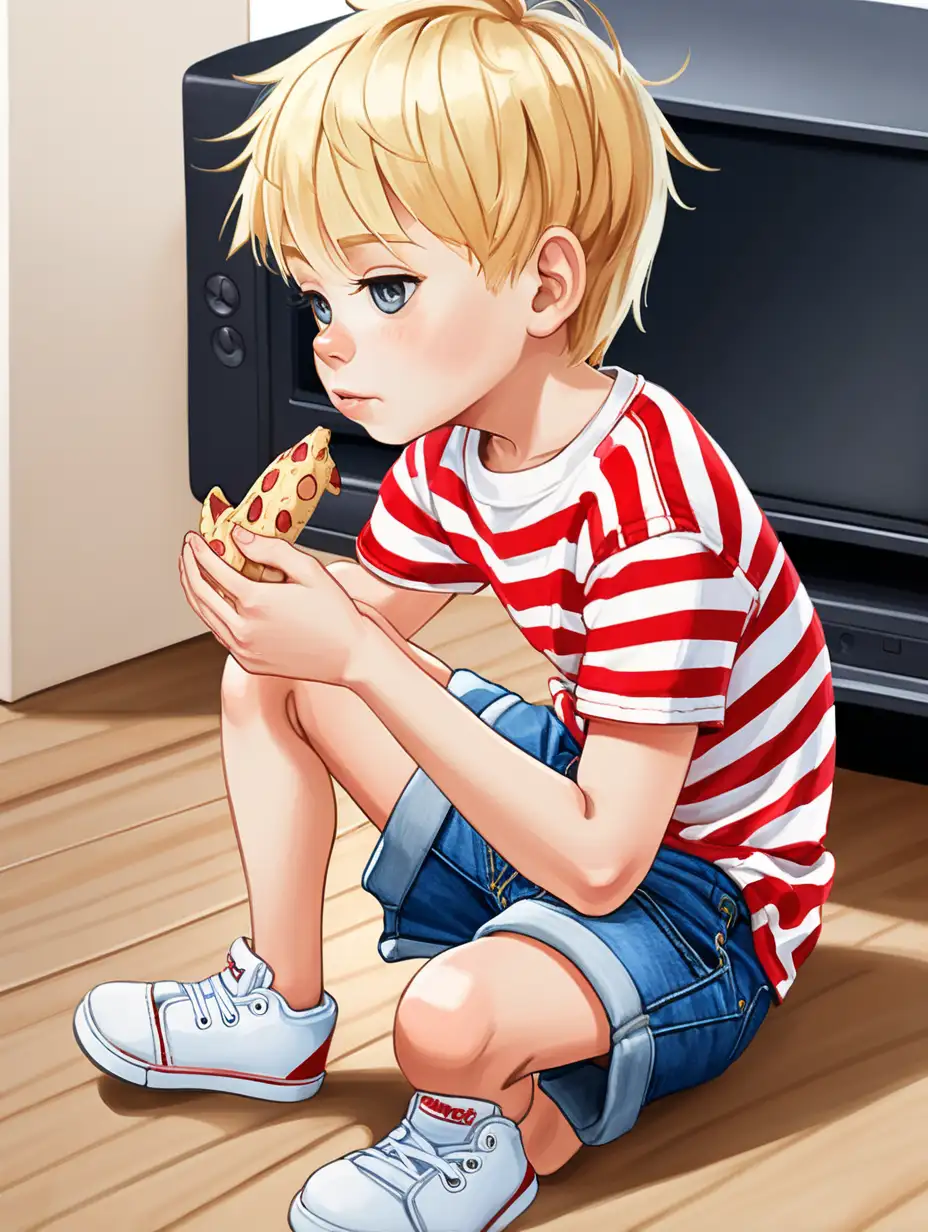 little blonde boy red and white striped shirt jean shorts, sitting crossed legged  on the floor watching cartoons on tv, eating a snack.