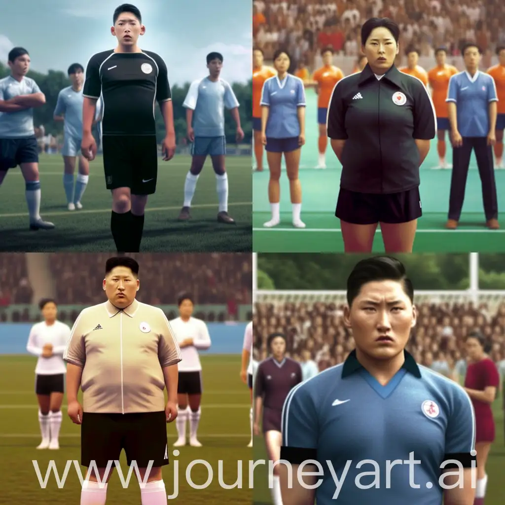 Kim Jong in sportswear in the middle of the soccer field protesting the referee, realistic, super high quality, attention to facial detail, facing the camera, full body