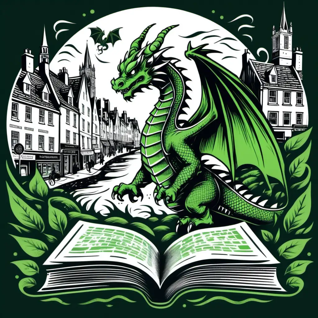 dragon, screen print design, reading books, hand drawn, green, black, white, old scottish town, transparent background