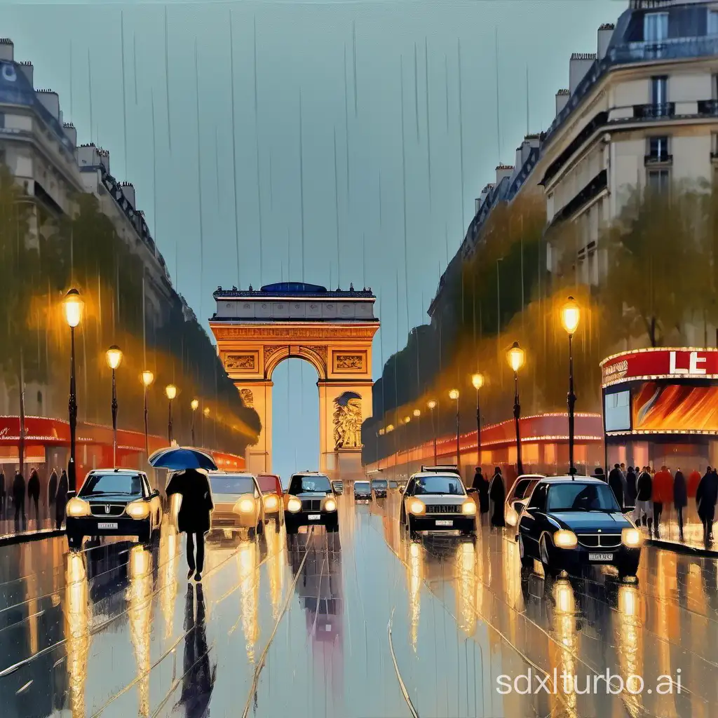 people walking the sidewalk of Avenue des Champs-Élysee at dusk, the background of L'arc des Triomphe, a rainy day, reflections, and business lights. Cars and lights on wet streets. Beautiful painting