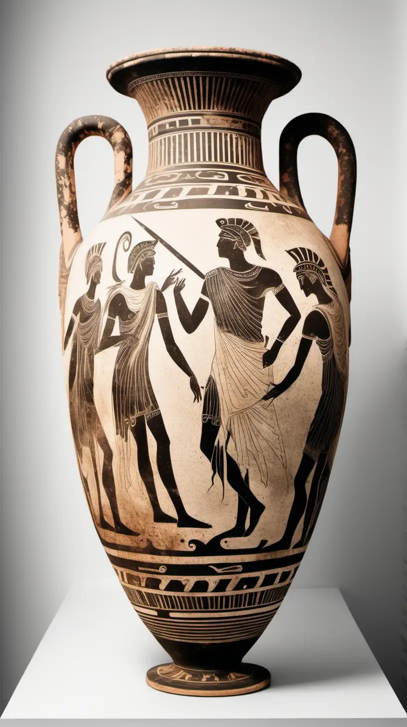 Ancient Greek Amphora with Mythology Design in a White Room