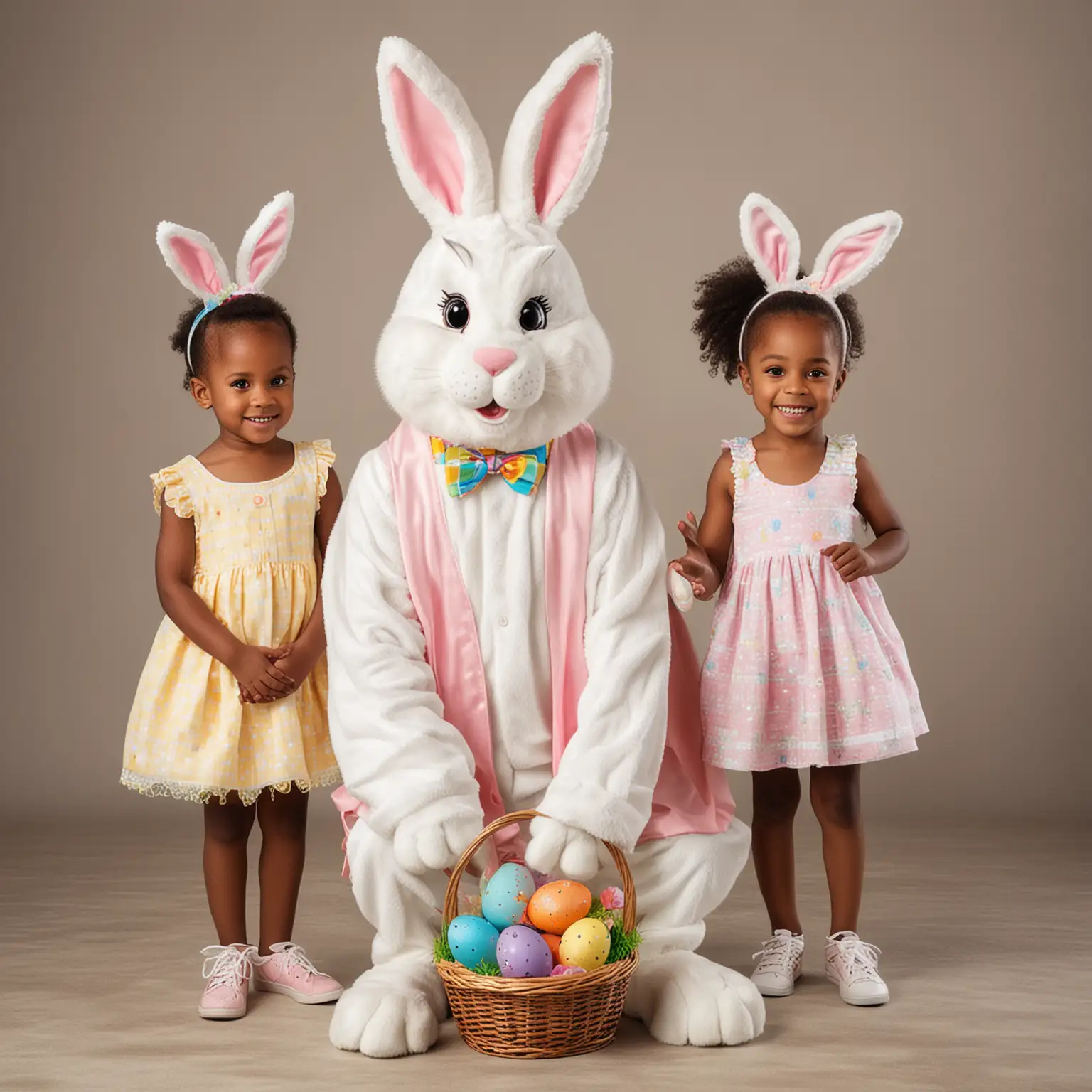 Easter Bunny with Two African American Kids Celebrating Easter Joyfully