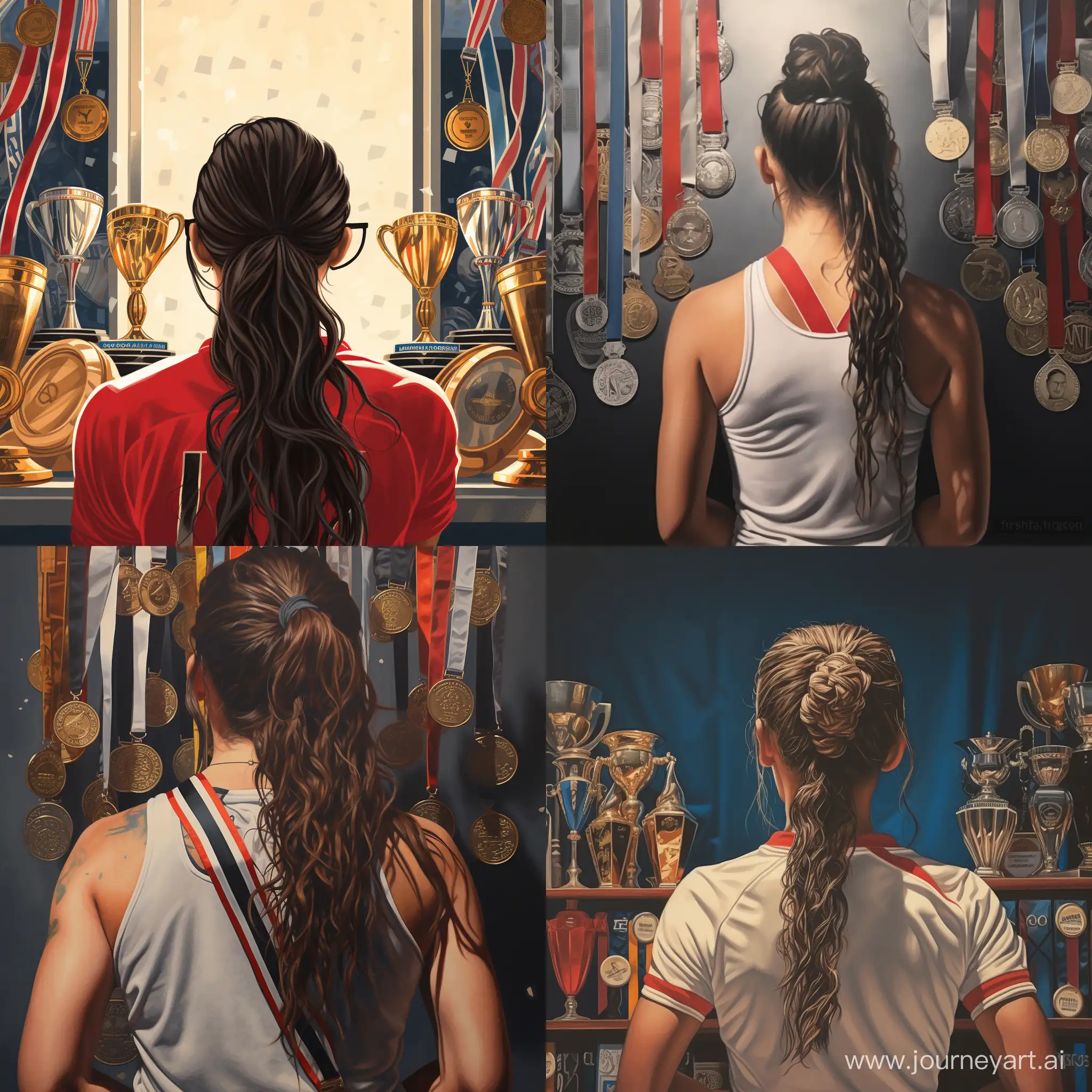 Triumphant-Athlete-Showcasing-Trophies-and-Medals-in-Closeup