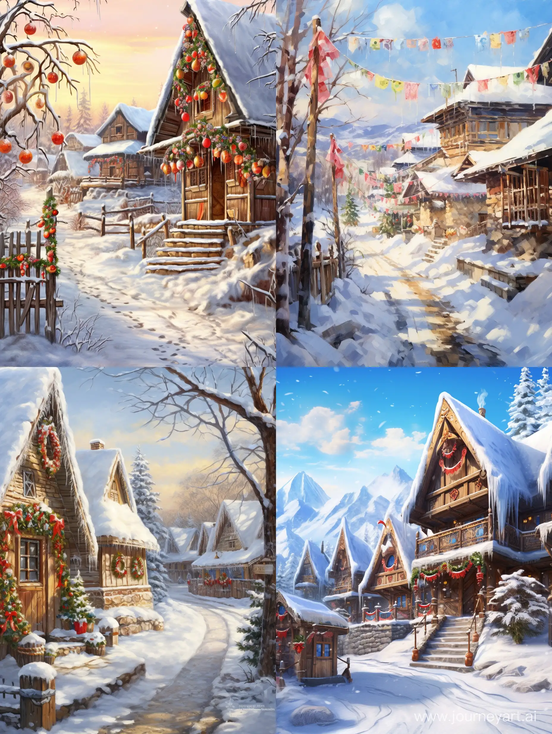 Старинная новогодняя деревня, снег, солнечный день, наряженные елочки, гирлянды