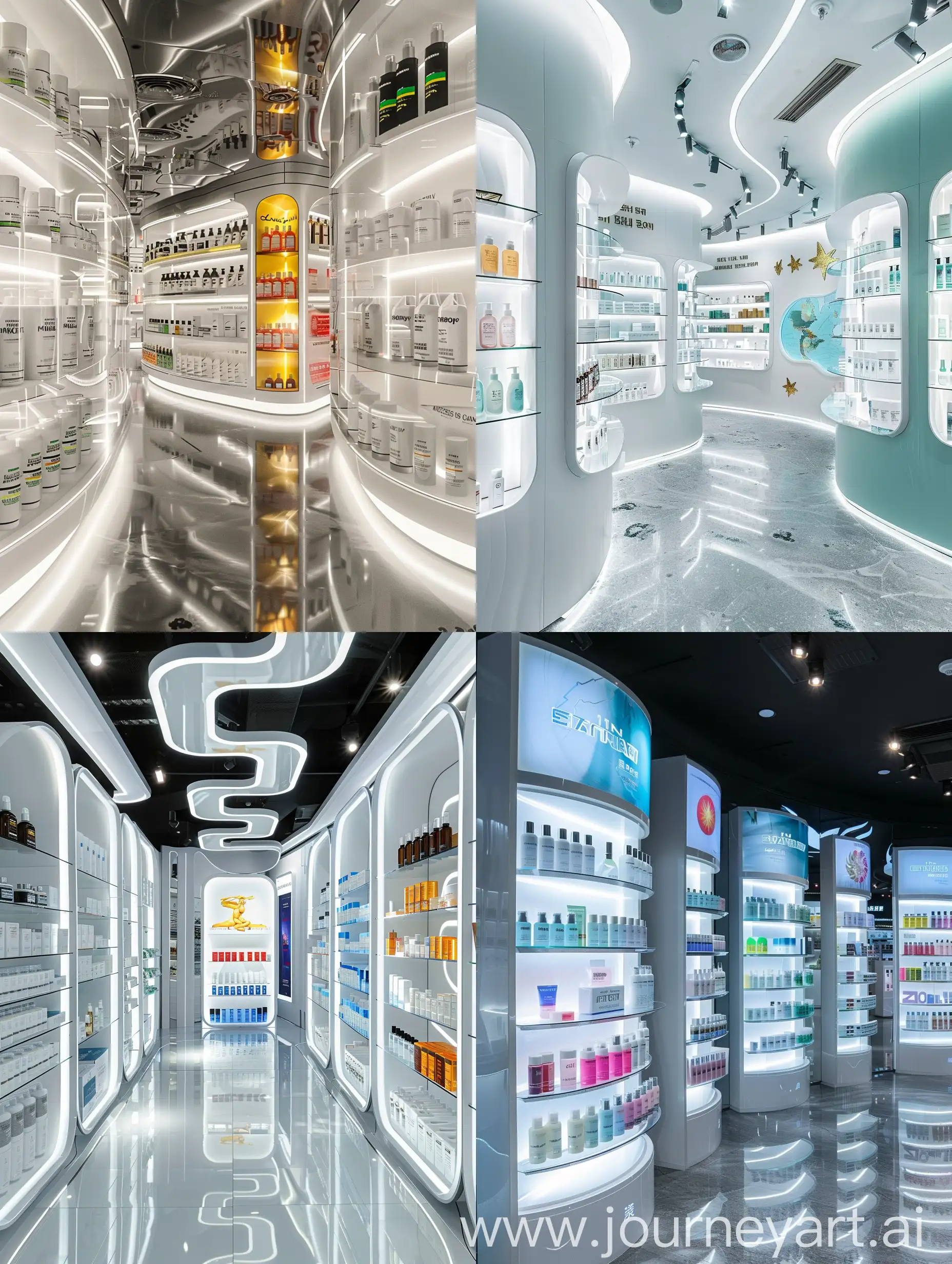 futuristic skincare store, each section is sells skincare products from different countries 