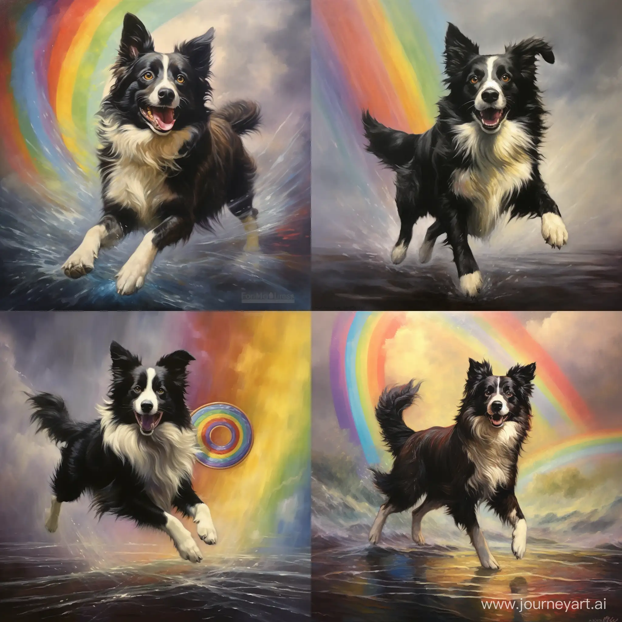 dog, border collie, play frisbee, rain weather, rainbow on air,