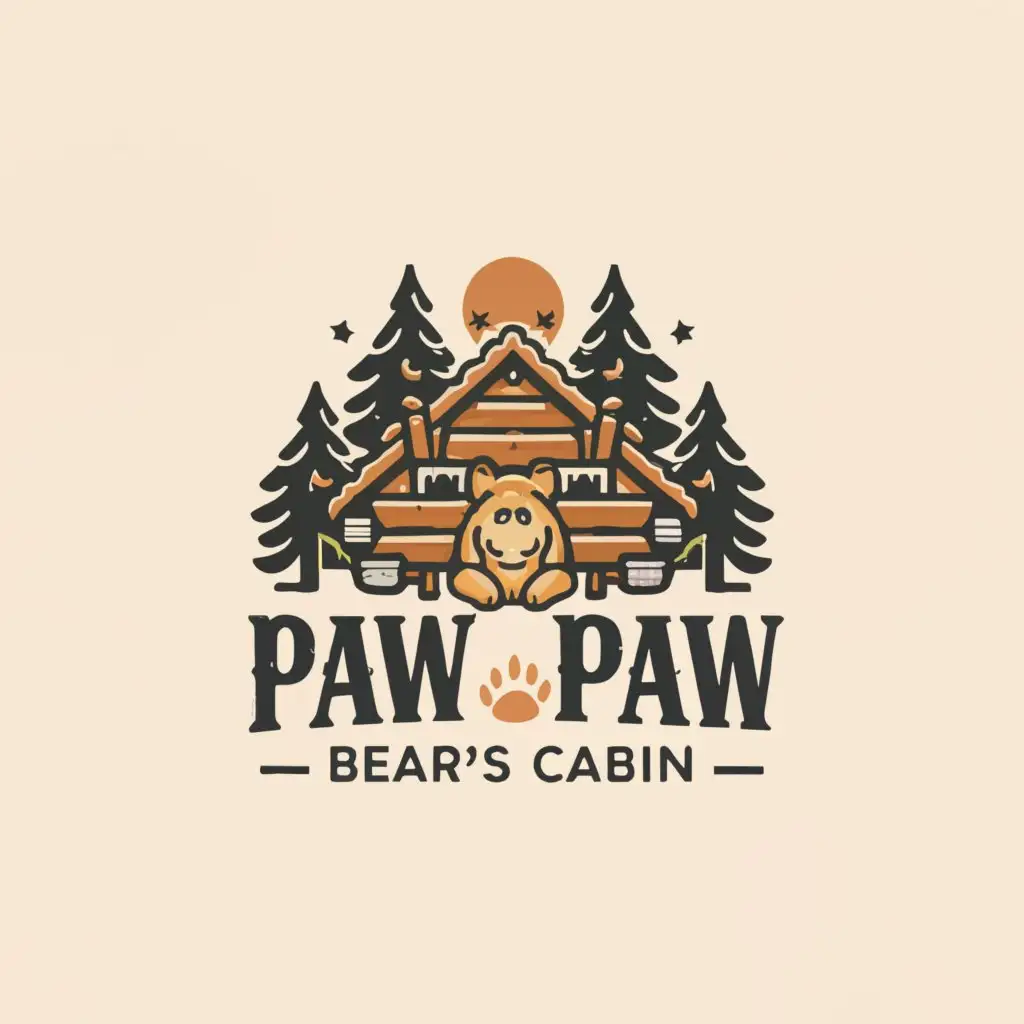 LOGO-Design-for-Paw-Paw-Bears-Cabin-Rustic-Charm-with-Bear-Campfire-and-Cabin-Elements