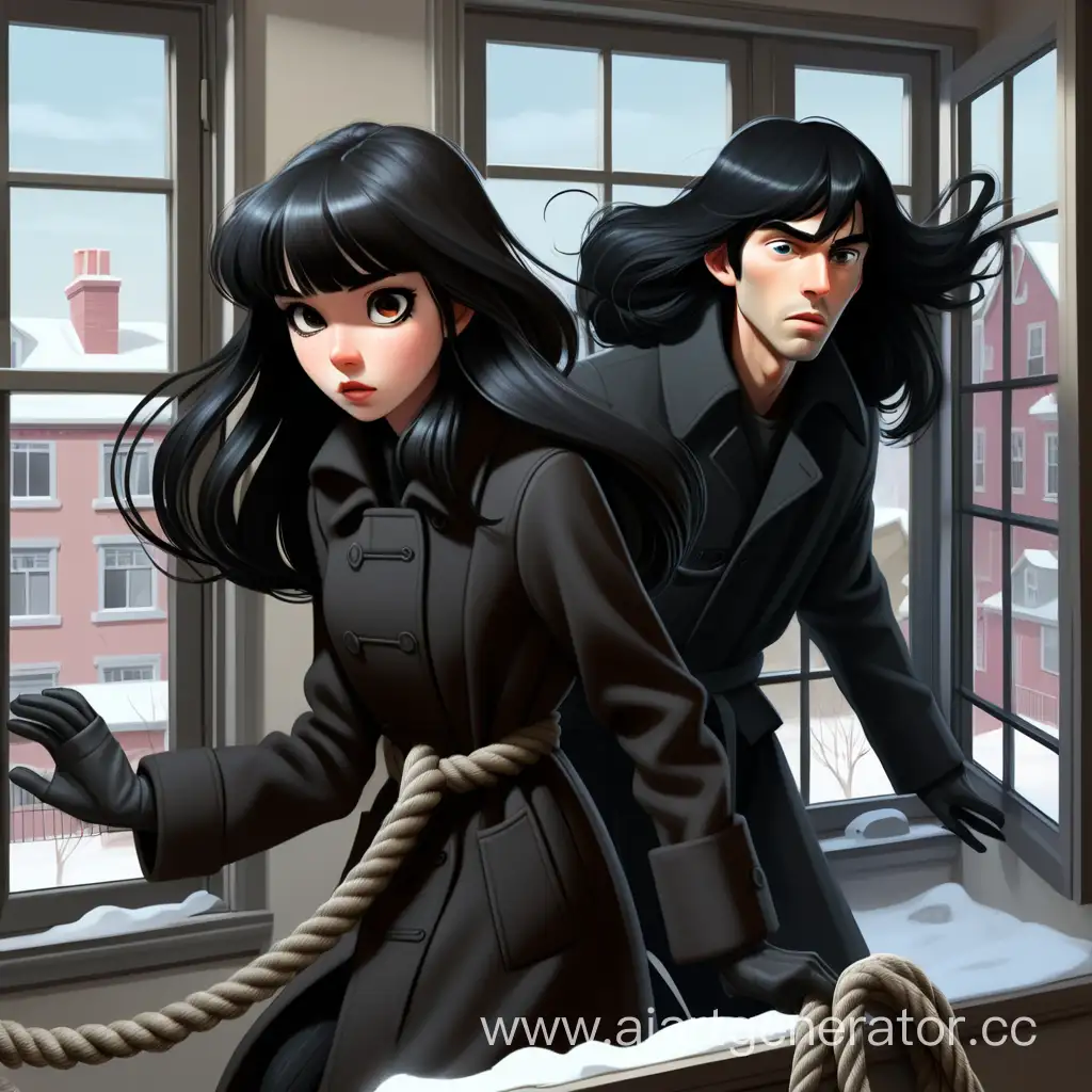 девушка с чёрными длинными волосами и короткой челкой в черном длинном пальто и парень с чёрными длинными волосами до плеч в черном пальто зимой сбегают через окно вниз на землю с третьего этажа из дома по веревке