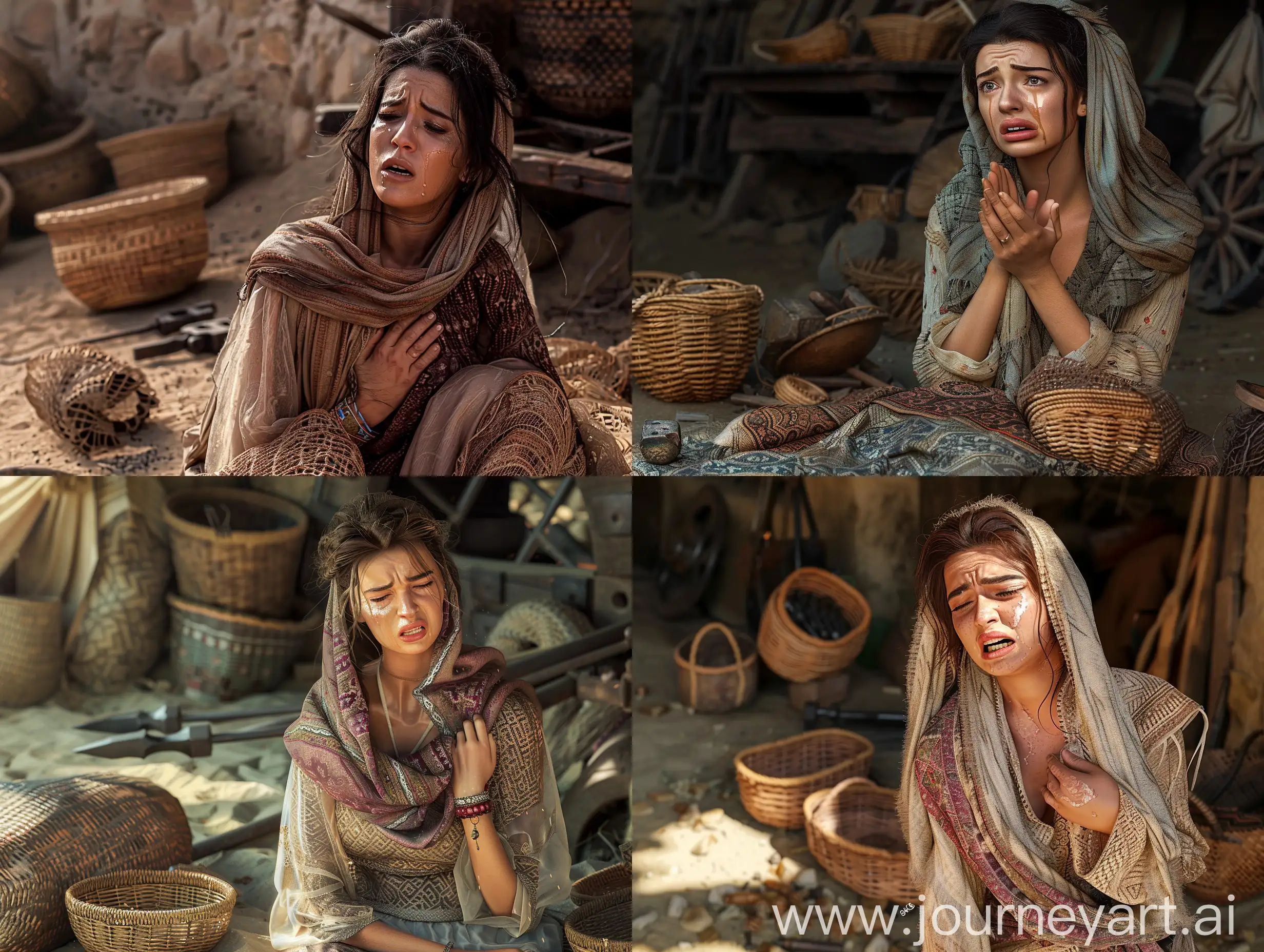 Epic-Realism-Persian-Woman-in-Traditional-Dress-Weeping-in-Ancient-Blacksmith-Shop